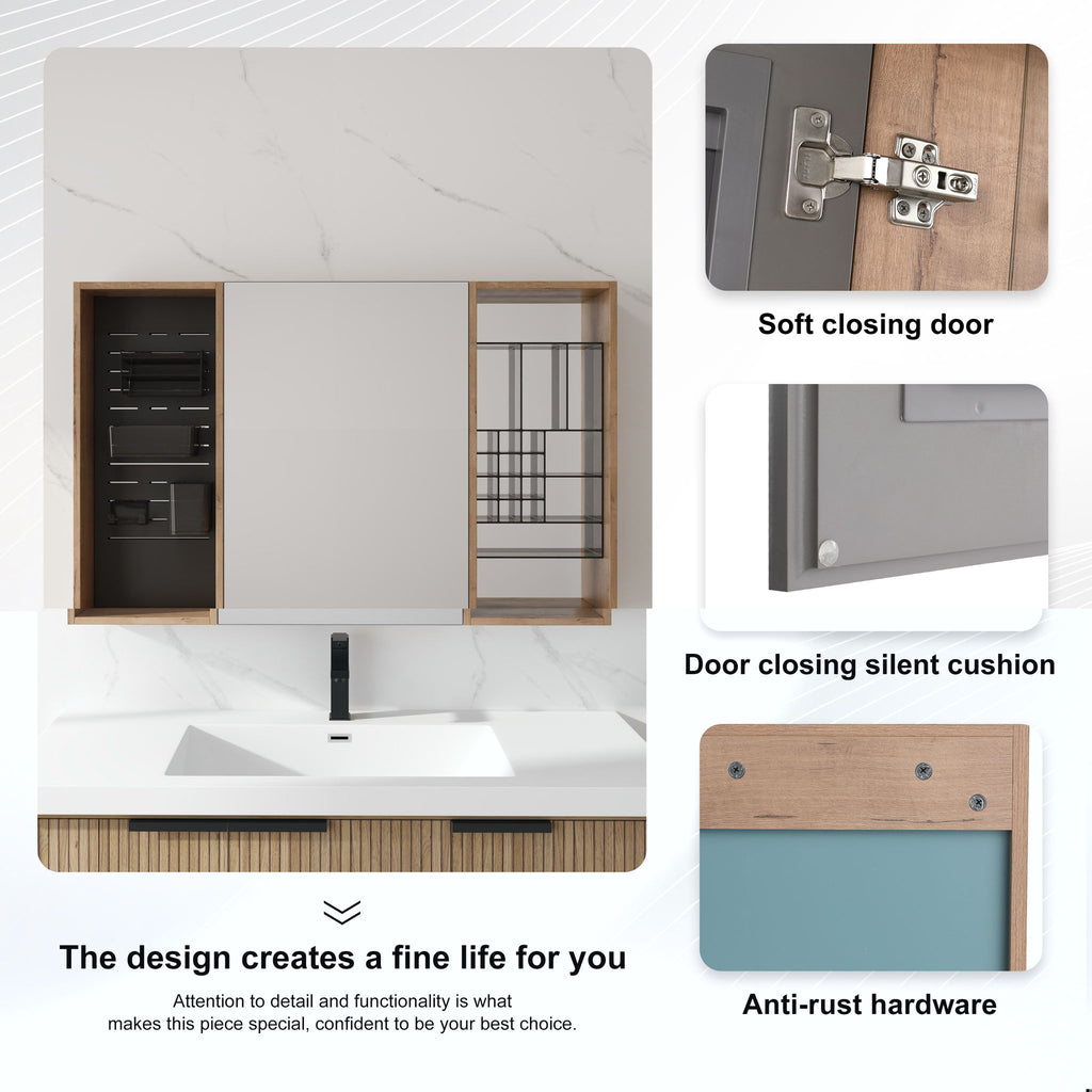 Wall Mounted Bathroom Mirror Cabinet With Storage - Imitative Oak