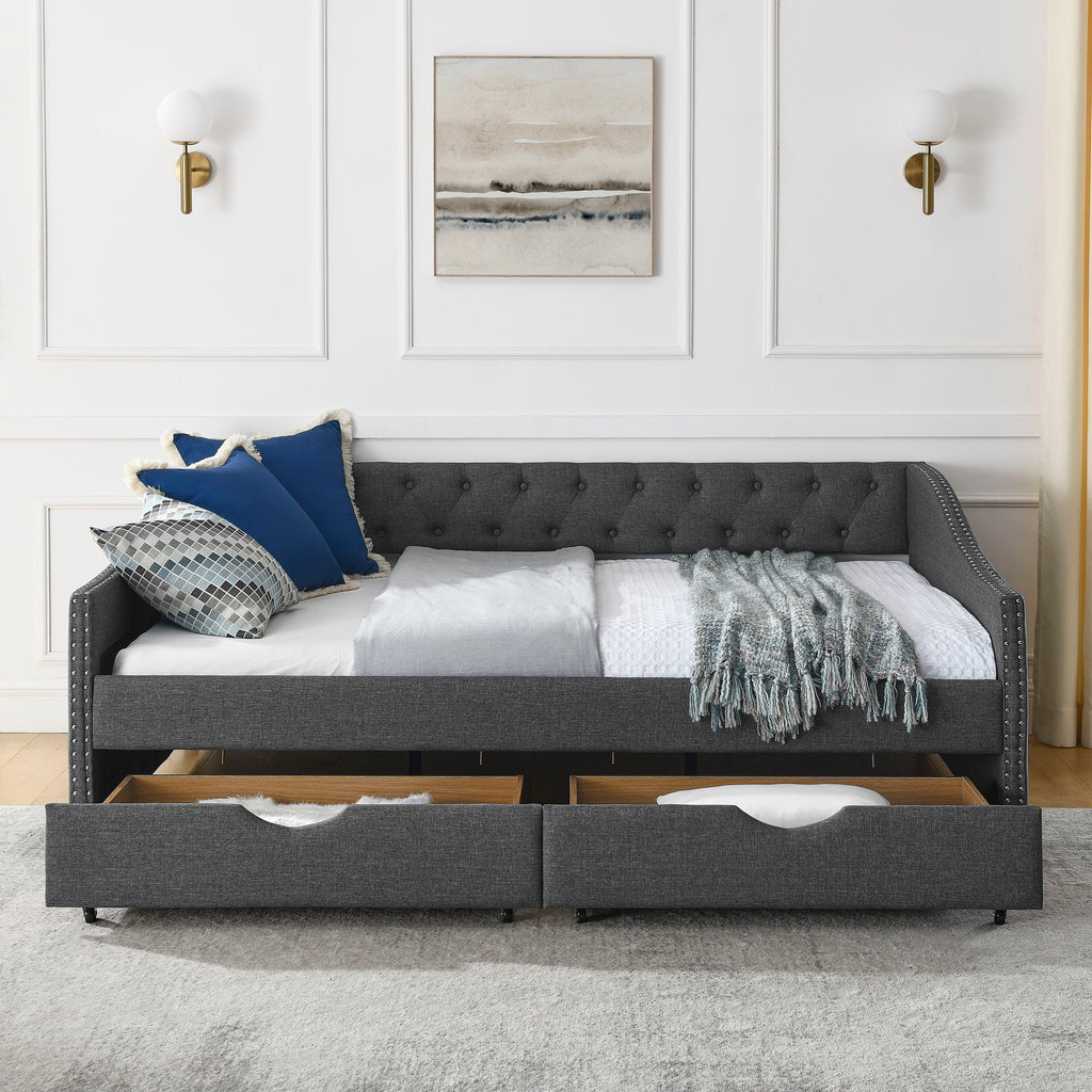 Full Size Upholstered Daybed With Tufted Back And Nail Trimmed Waved Arms - Dark Gray