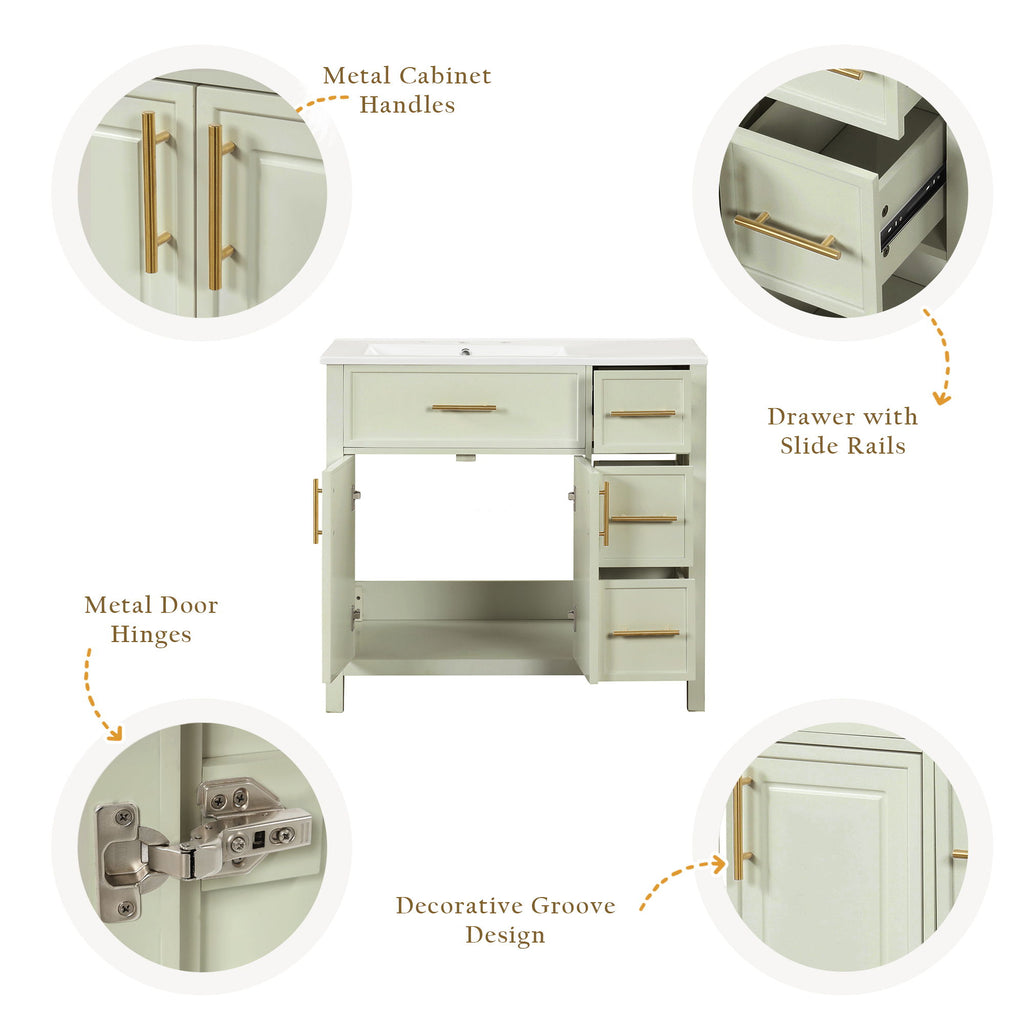 36" Bathroom Vanity With Sink, 2 Doors, 3 Drawers, Rectangular - White