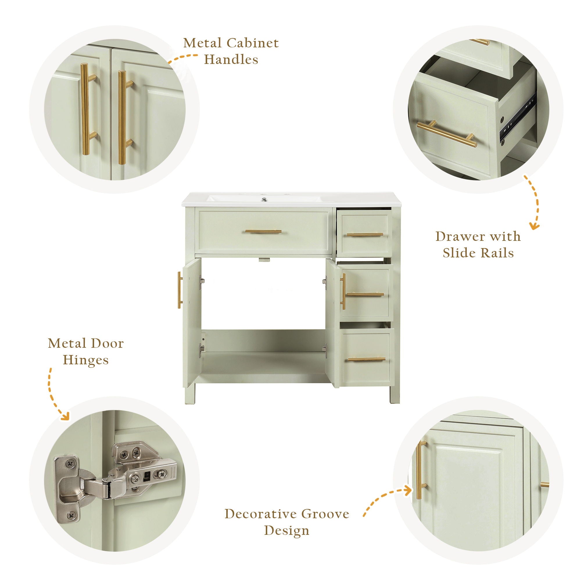 36" Bathroom Vanity With Sink, 2 Doors, 3 Drawers, Rectangular - White
