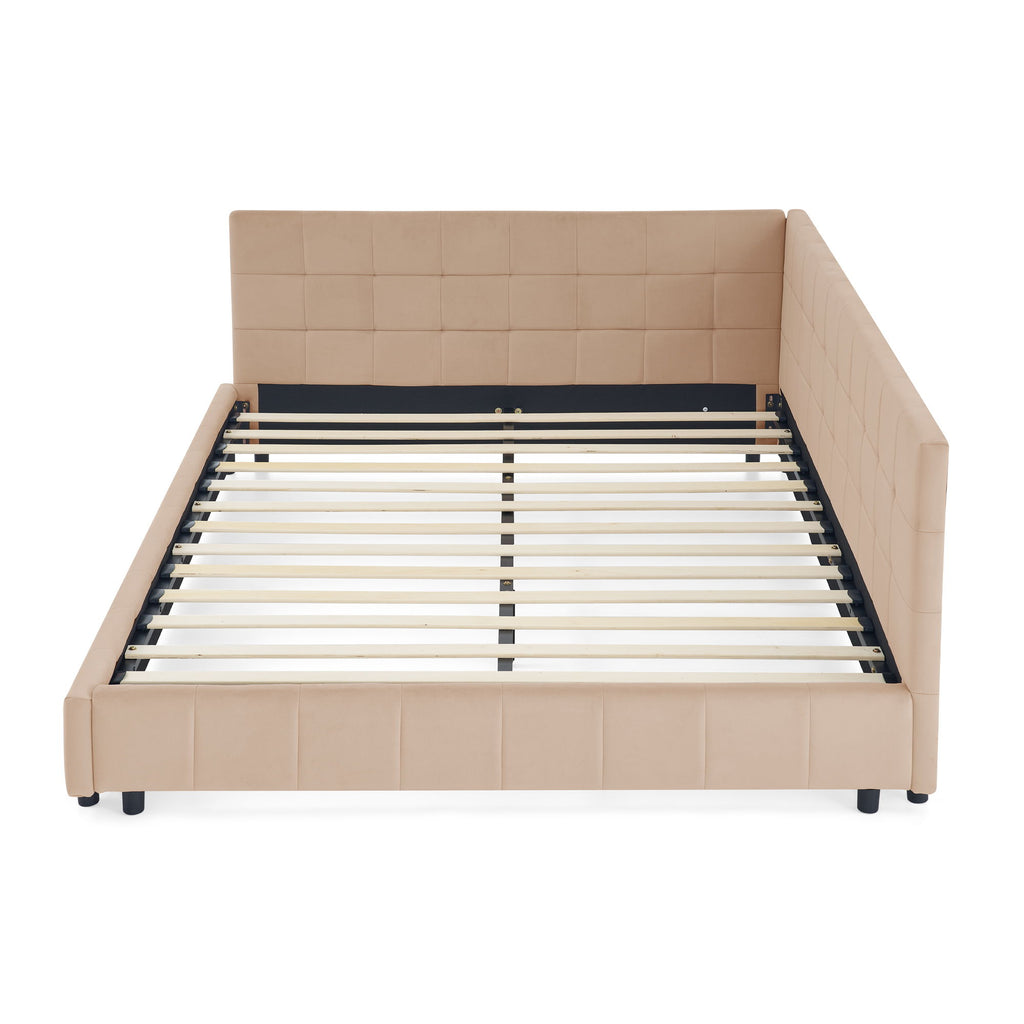 Mid-Century Storage Upholstered Tufted Bed Frame With Backrest And Armrests
