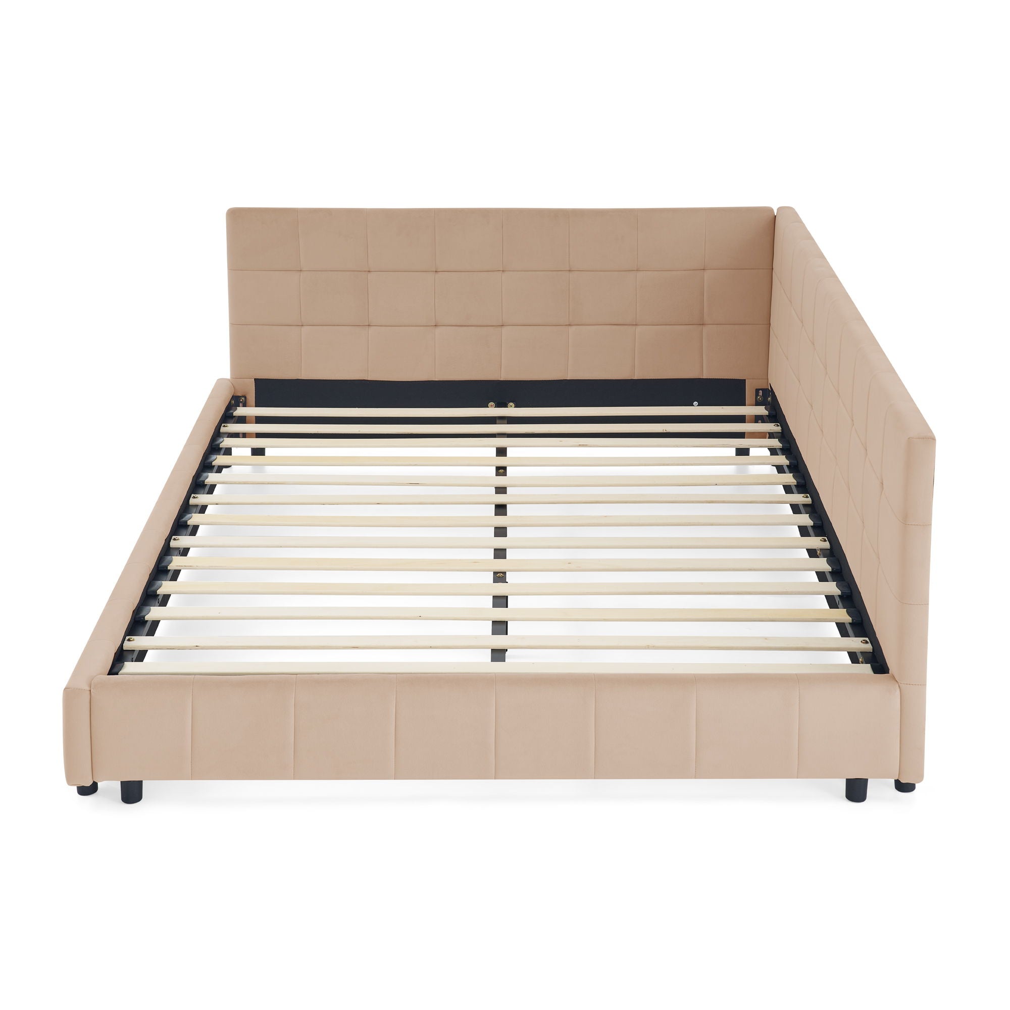Mid-Century Storage Upholstered Tufted Bed Frame With Backrest And Armrests