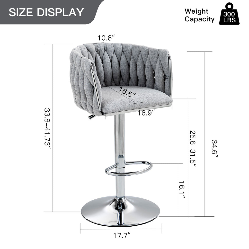 360 Degree Swivel Bar Stools Adjustable Counter Height Bar Chairs With Woven Back & Footrest, Silver Chromed Bar Stools For Kitchen Island (Set of 2) - Gray