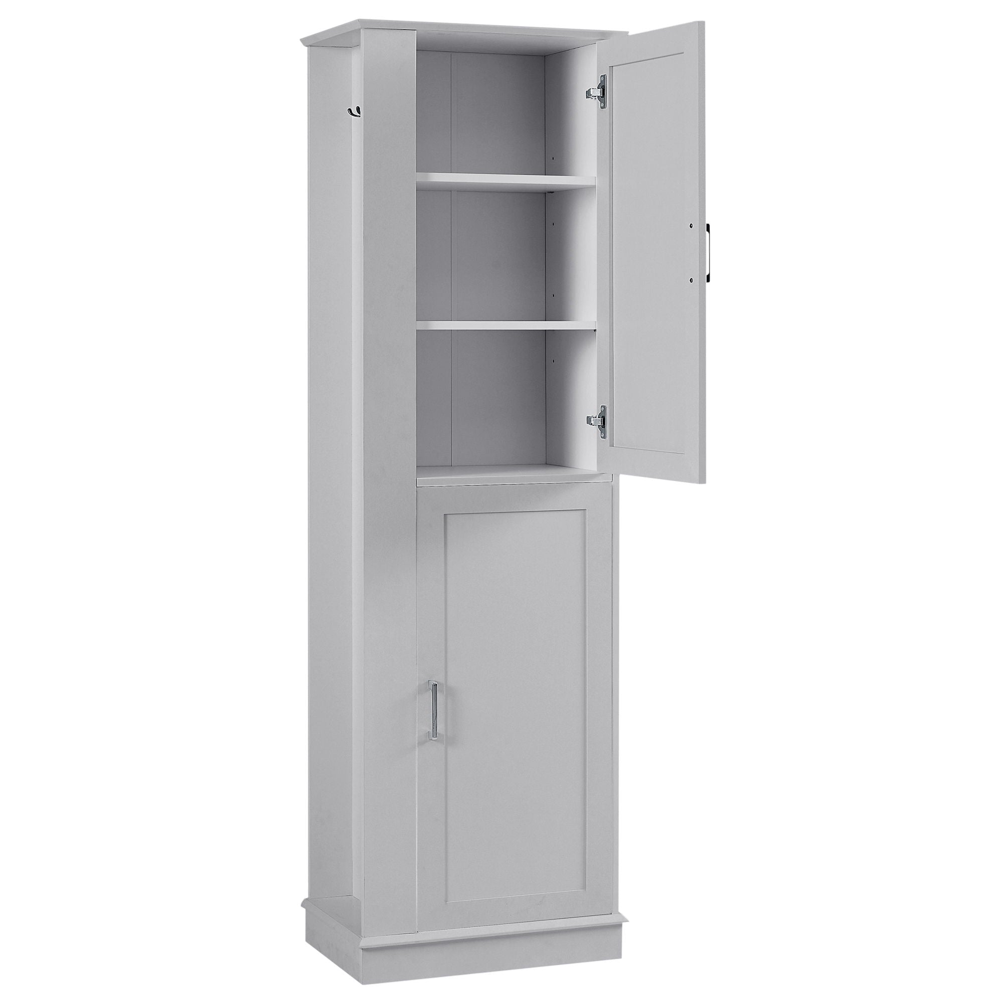 Tall Freestanding Bathroom Storage Cabinet With Adjustable Shelves And Side Hooks