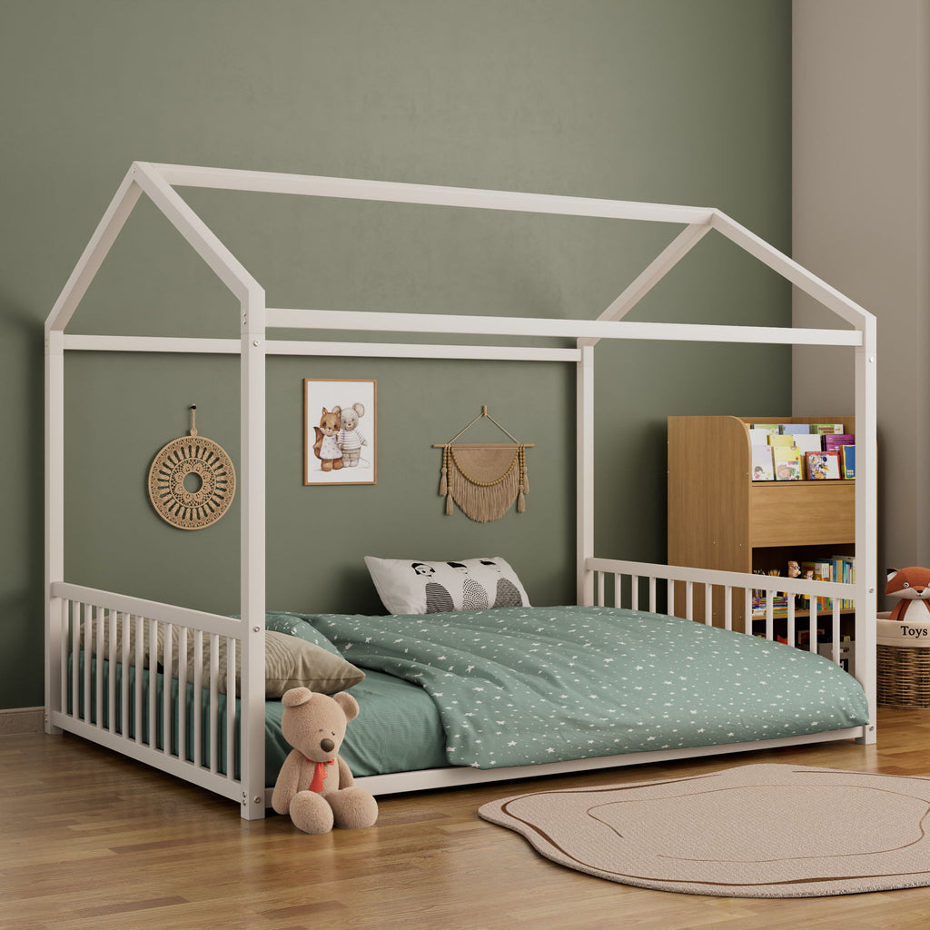 Montessori Style Floor House Shaped Bed With Safety Guardrails