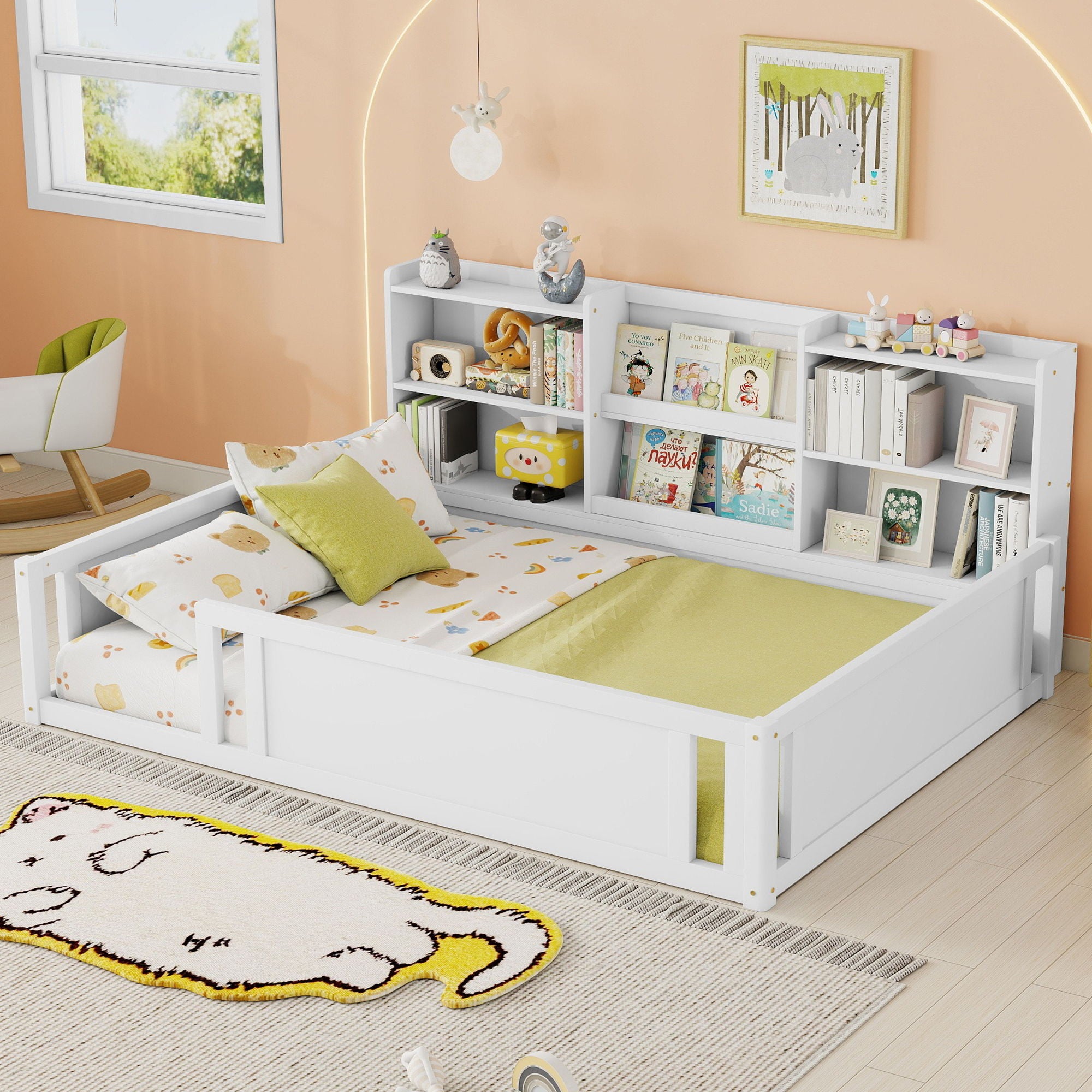Platform Floor Bed With Guardrail Fence And Side Storage Shelves