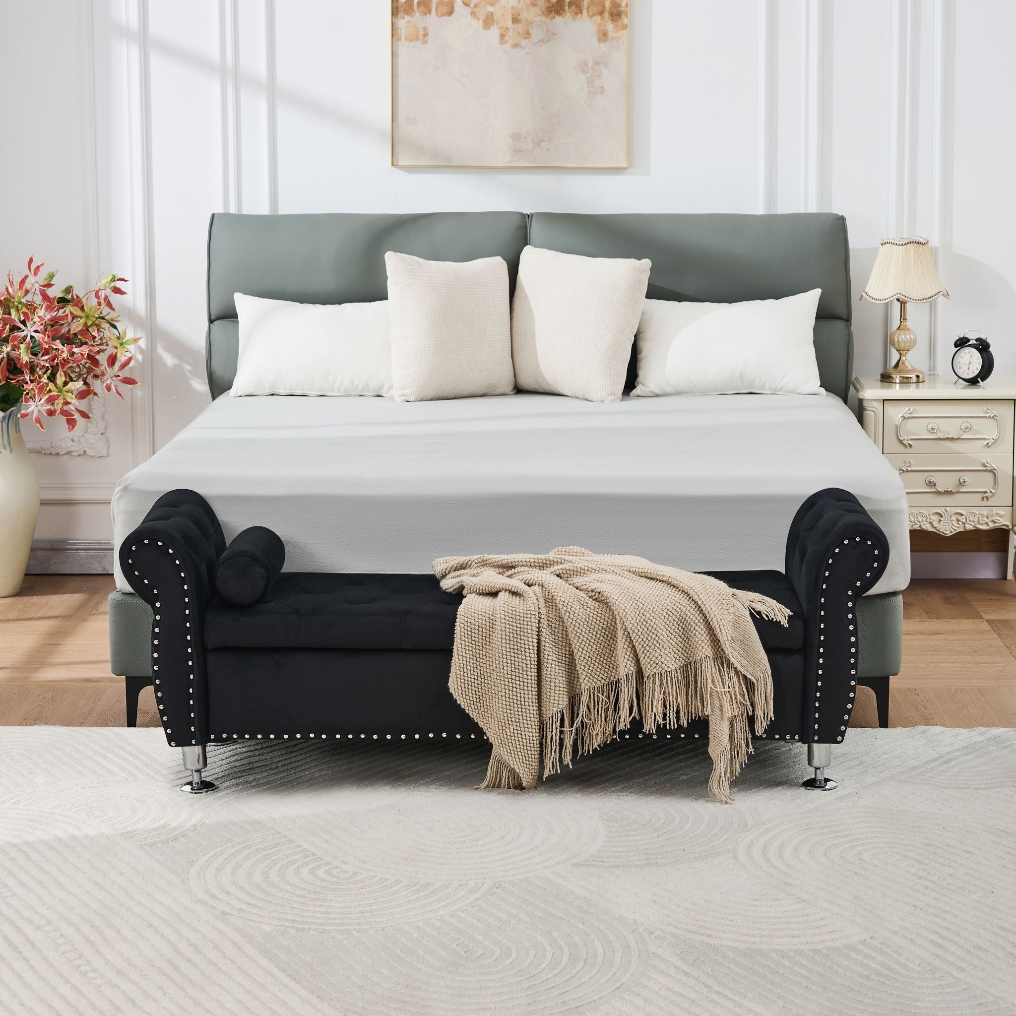 Storage Bench With Crystal Buttons And 1 Pillow For Bedroom
