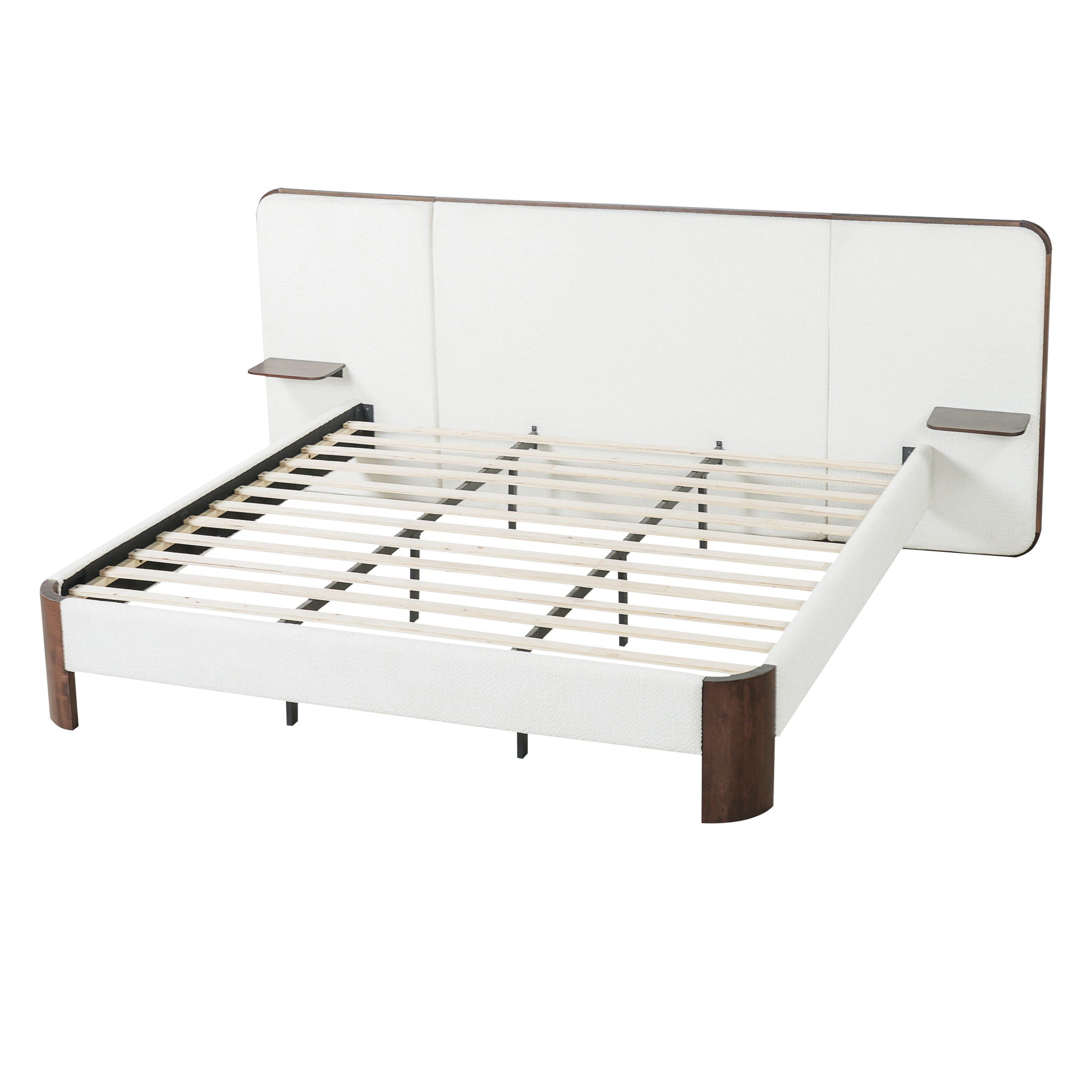 King Upholstered Platform Bed Frame With Curved Headboard, Built-In Floating Shelves, Wood Slats And Metal Support - White & Brown