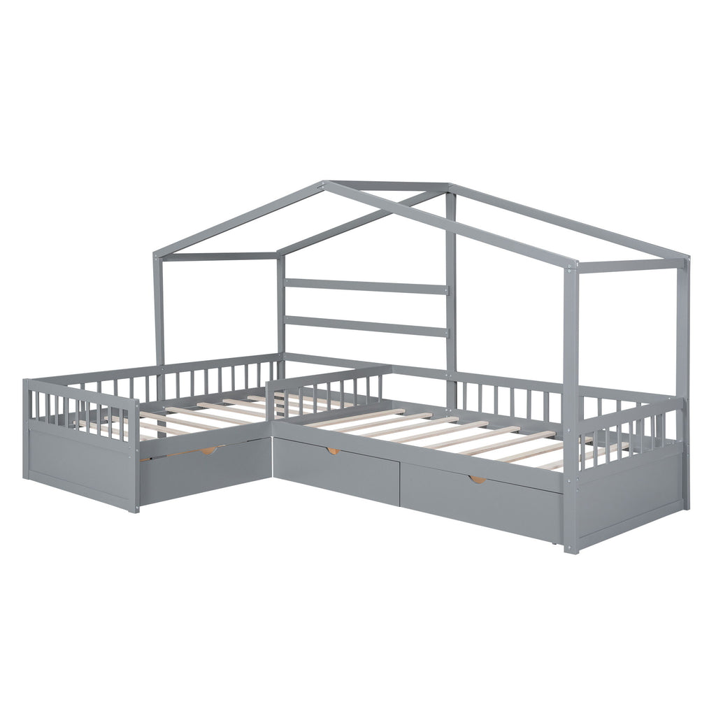 L Shape Platform Bed With 3 Storage Drawers