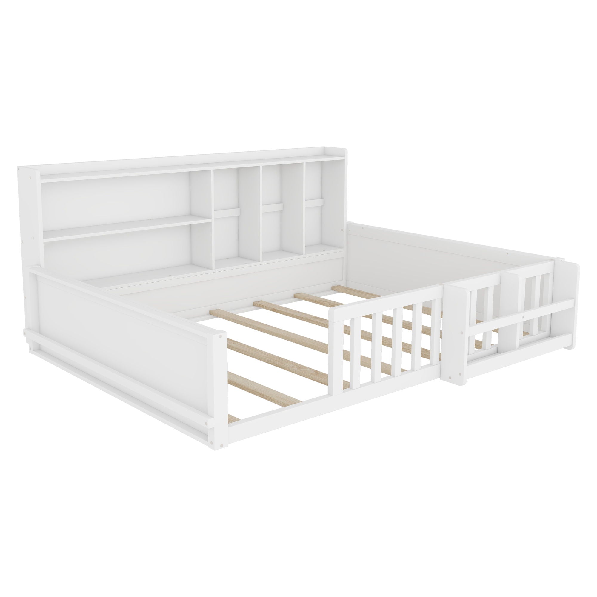 Platform Bed Frame With Guardrail, Storage Shelves & Bookshelf