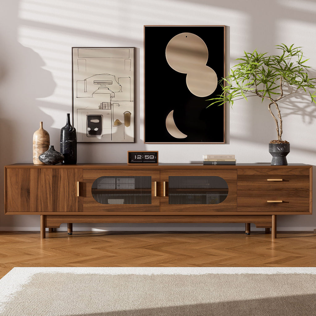 Modern TV Stand With Fluted Glass Doors & 2 Drawers