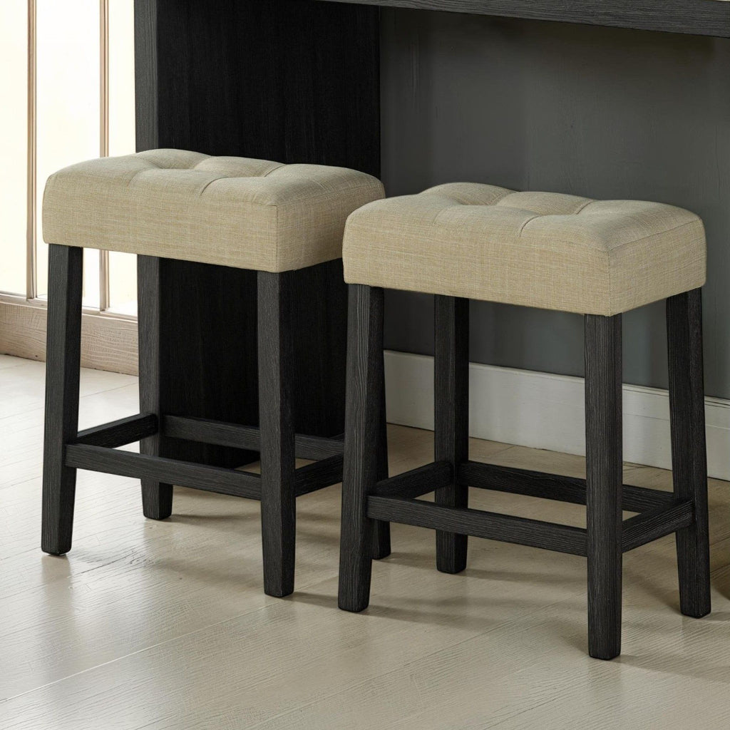Dining Table Set With Biscuit Tufted Stools - Beige / Black / Gray