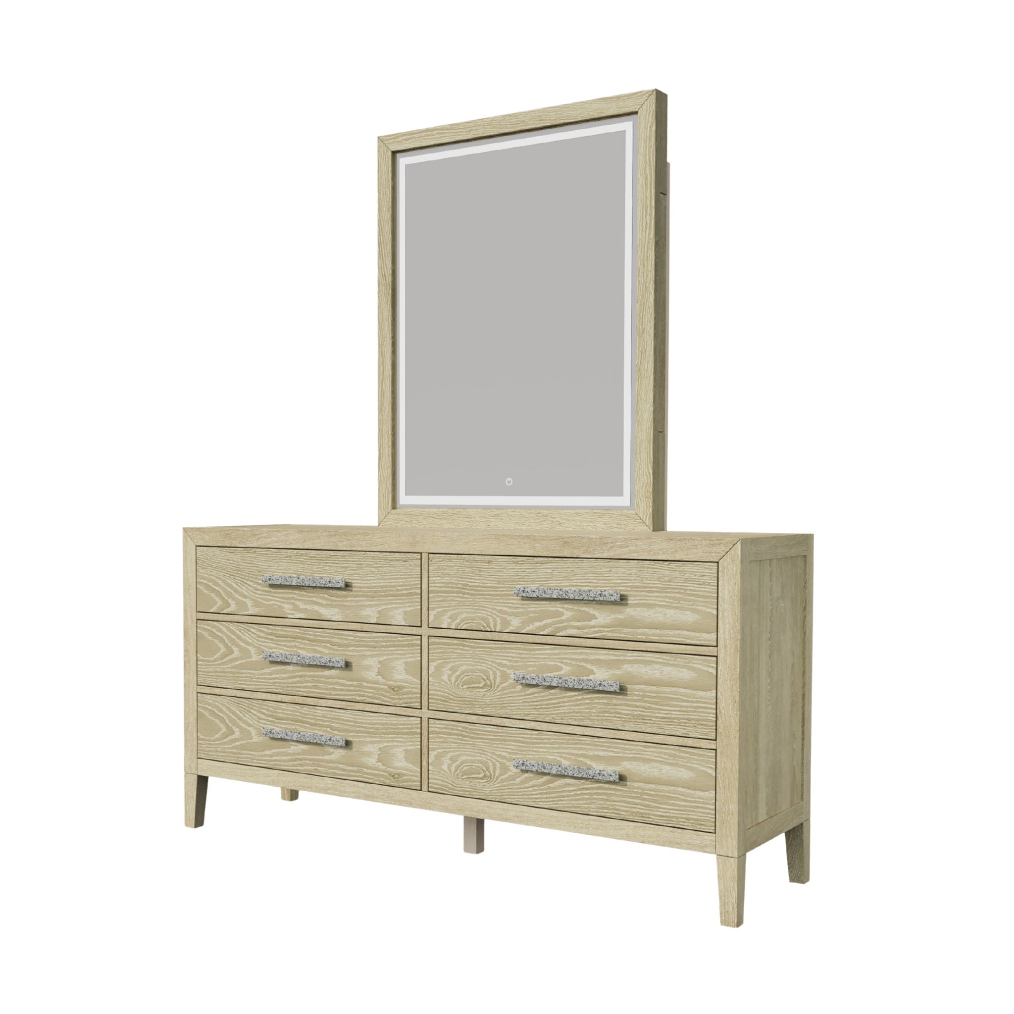 Adeline - 6 Drawers Dresser & Mirror With Jewelry Box & LED Light - Natural Wood Wash