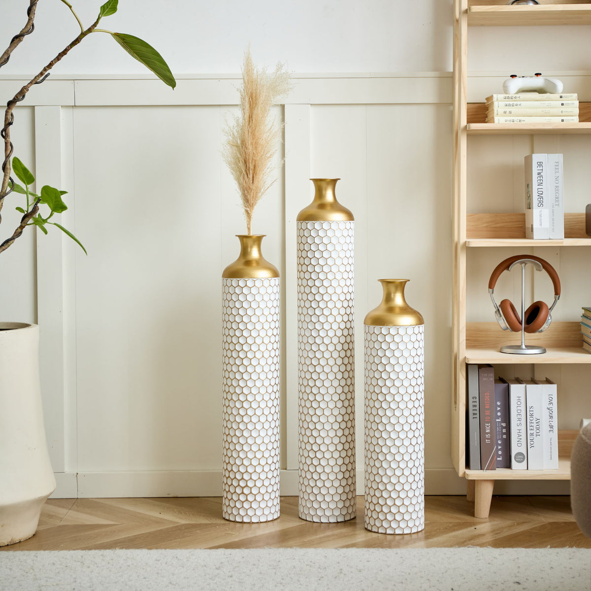 3 Piece Set Gorgeous Home Decoration Large Glazed Floor Vase Decoration Home Droplet Shaped - Gold / White