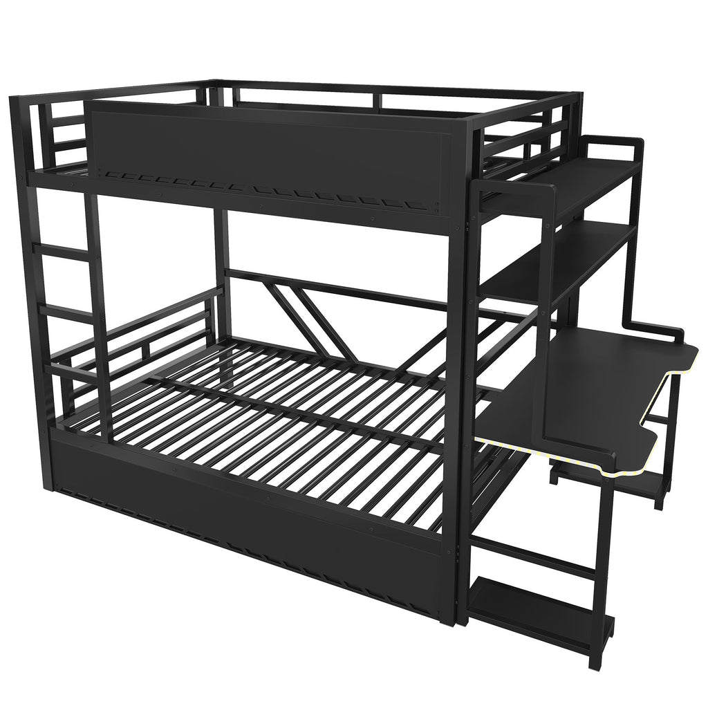 Full Gaming Bunk Bed With Desk, Two Storage Shelves And LED Light - Black