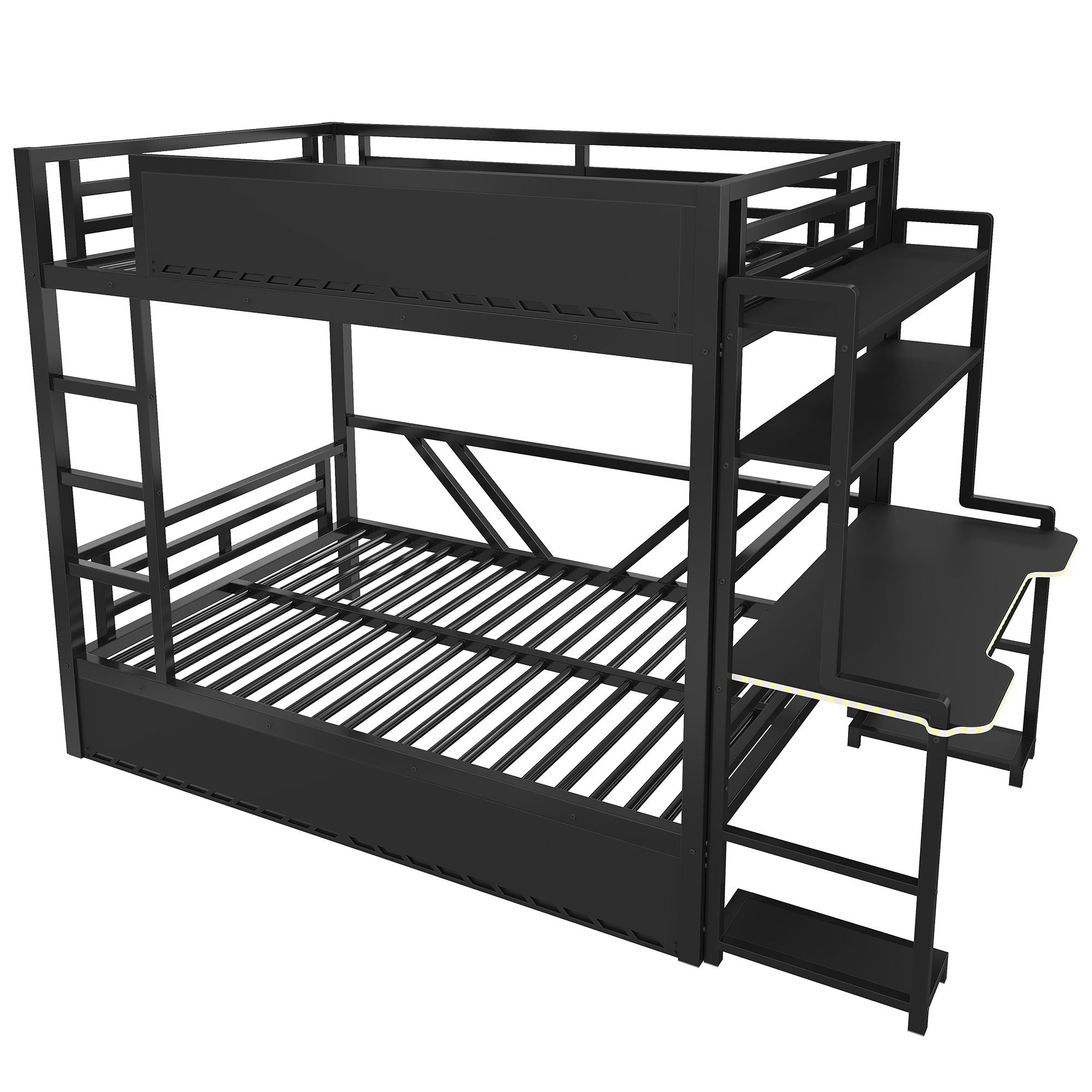 Full Gaming Bunk Bed With Desk, Two Storage Shelves And LED Light - Black