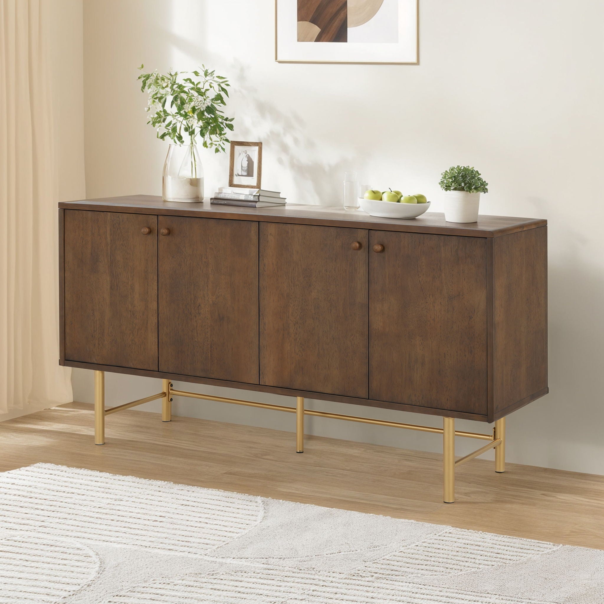 Modern Scandinavian 4 Door Sideboard, Storage Cabinet With Adjustable Shelves - Gold / Walnut