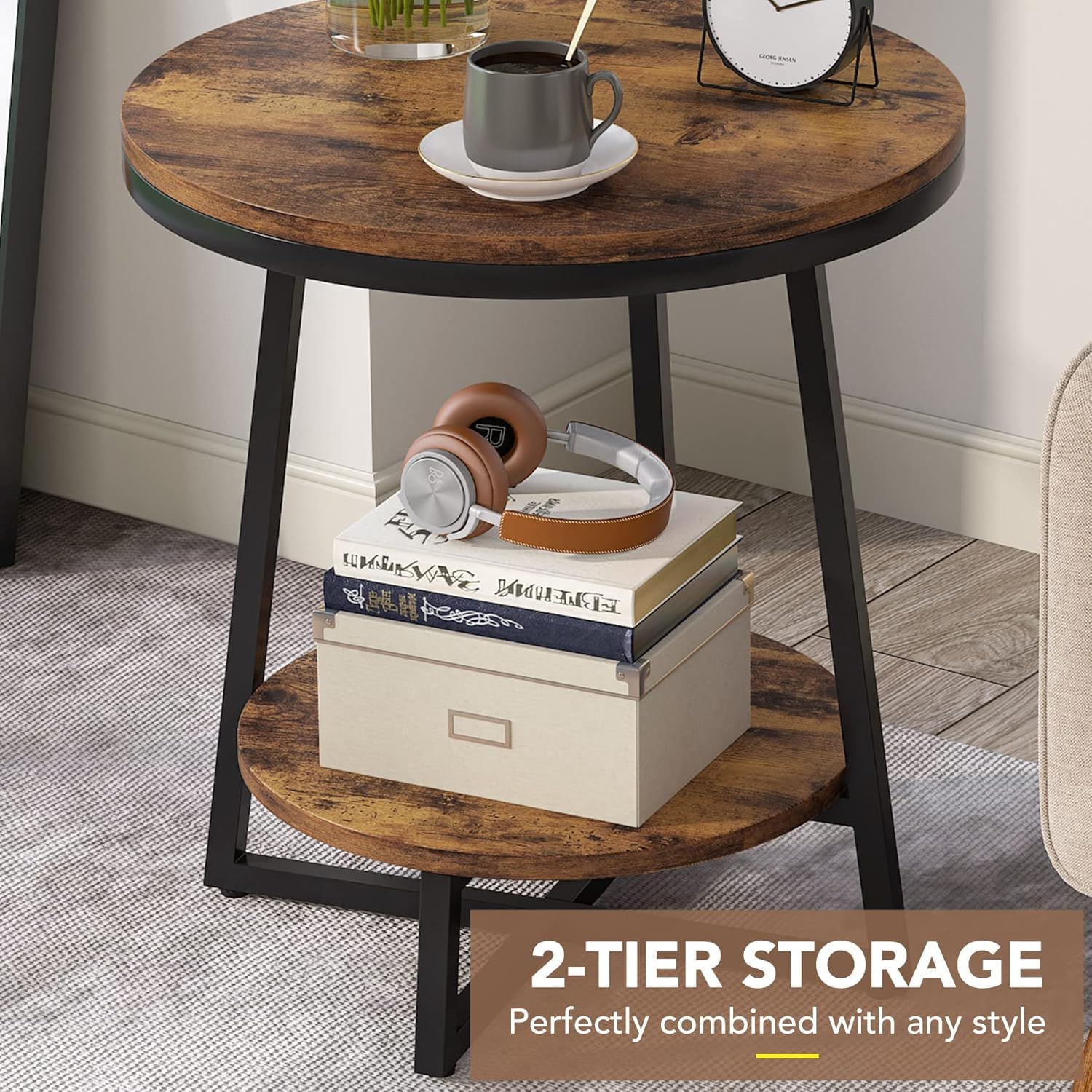 Round End Table With Hairpin Legs, 2 Tier For Living Room - Rustic Brown