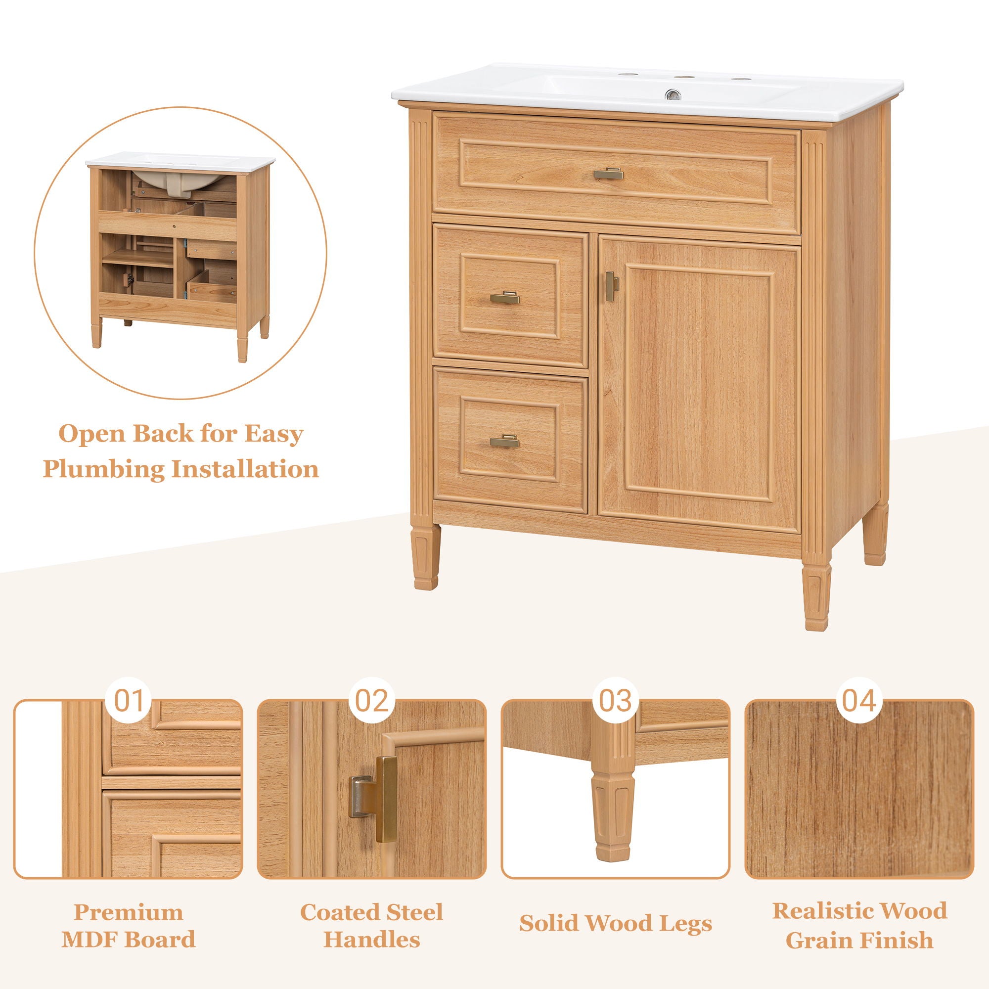 Bathroom Vanity With Sink, Flip Drawer & Adjustable Shelf - Natural