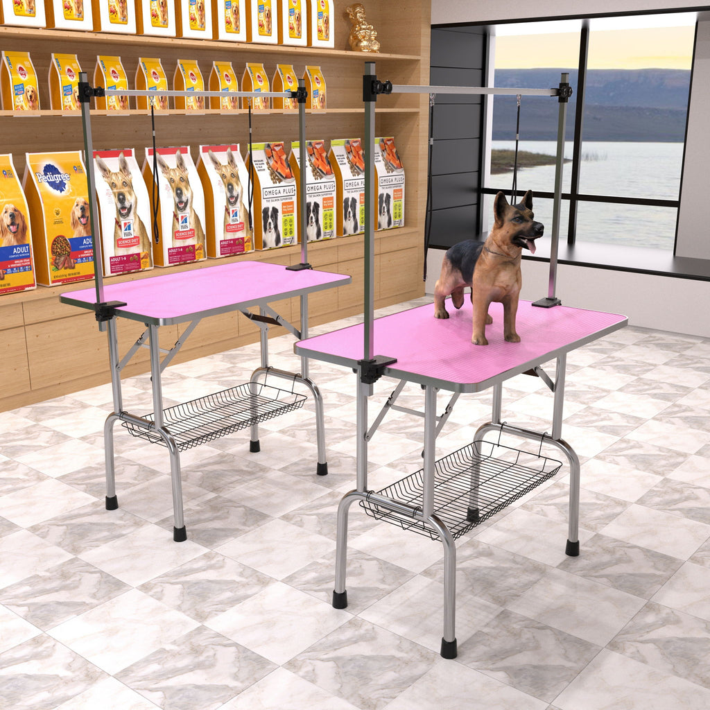Folding Dog Pet Grooming Table Stainless Steel Frame Rubber Mat On Board With Adjustable Arm And Clamps Pet Dog Cat Grooming Table