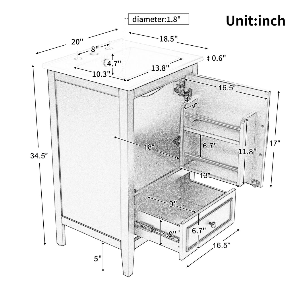 Bathroom Vanity With Sink, Adjustable Feet, 1 Drawer And Door Shelf Storage - White