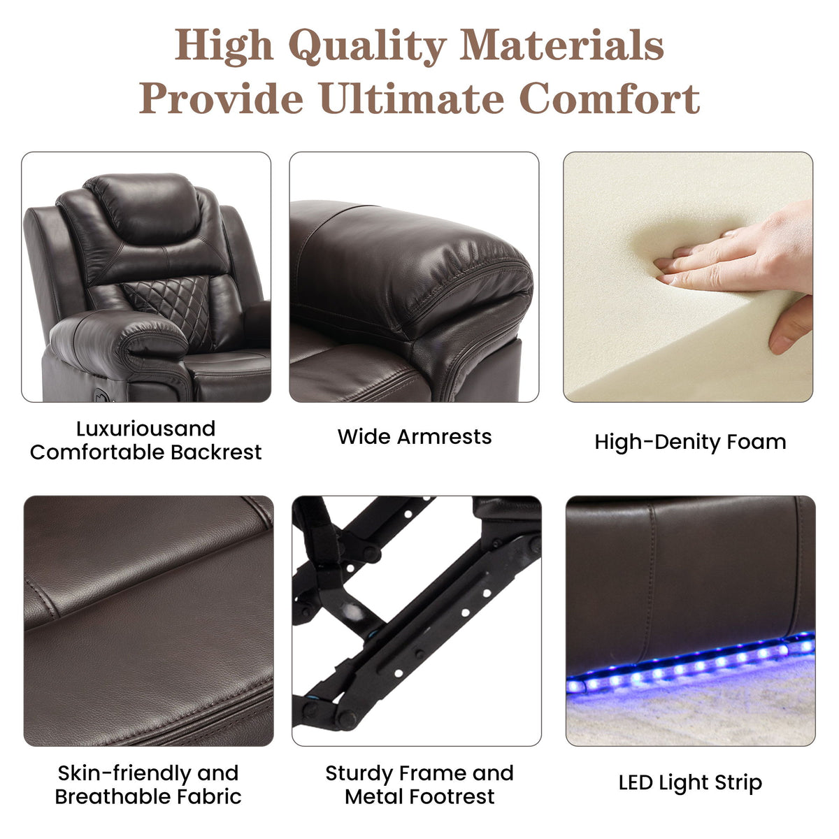3 Pieces Recliner Sofa Sets Home Theater Seating Manual Recliner Chair & Center Console And LED Light Strip For Living Room - Brown