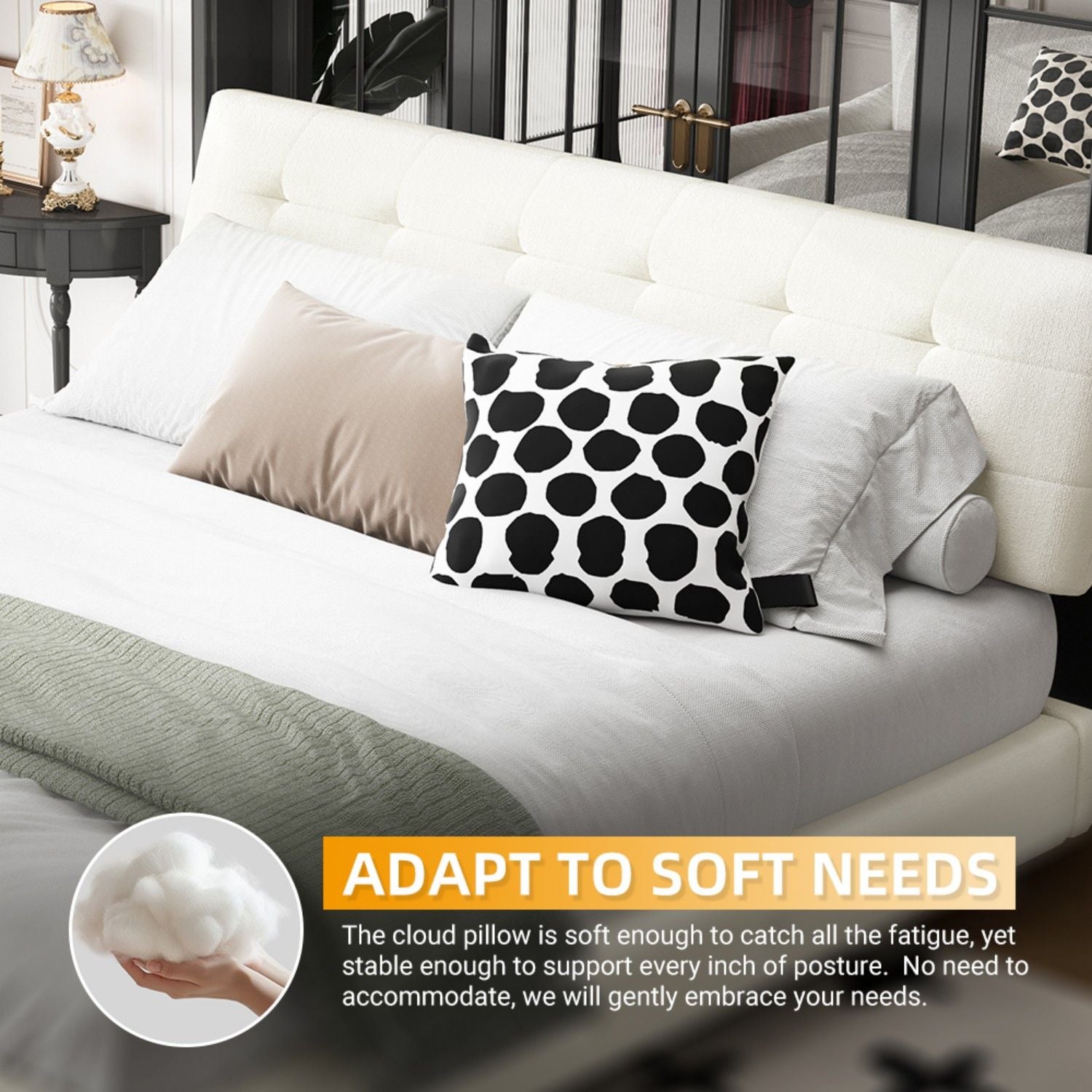 Tufted Headboard With Extra-Large Ultra-Soft Cloud Pillow Design