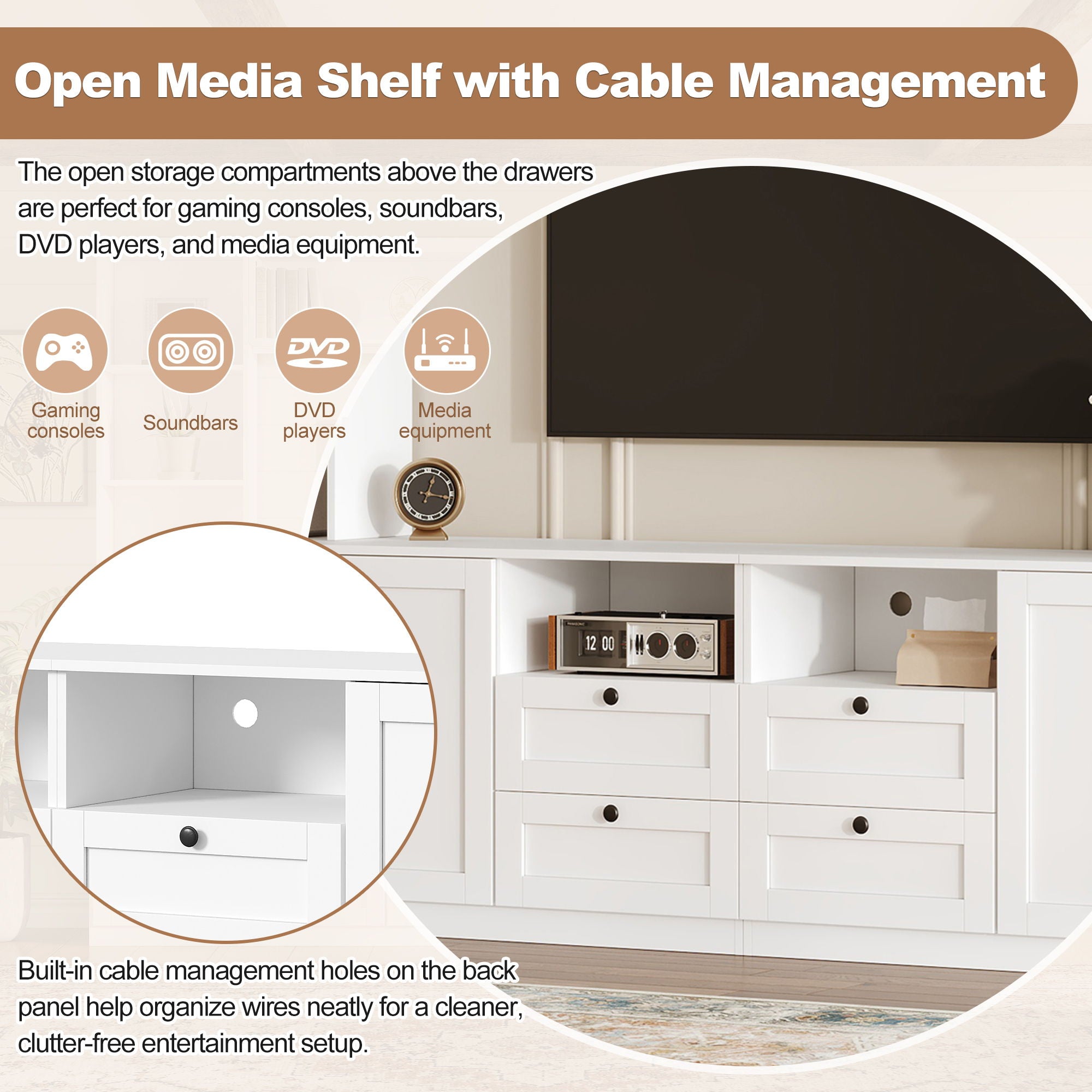 Farmhouse Elegant Entertainment Center Wall Unit With 4 Drawers