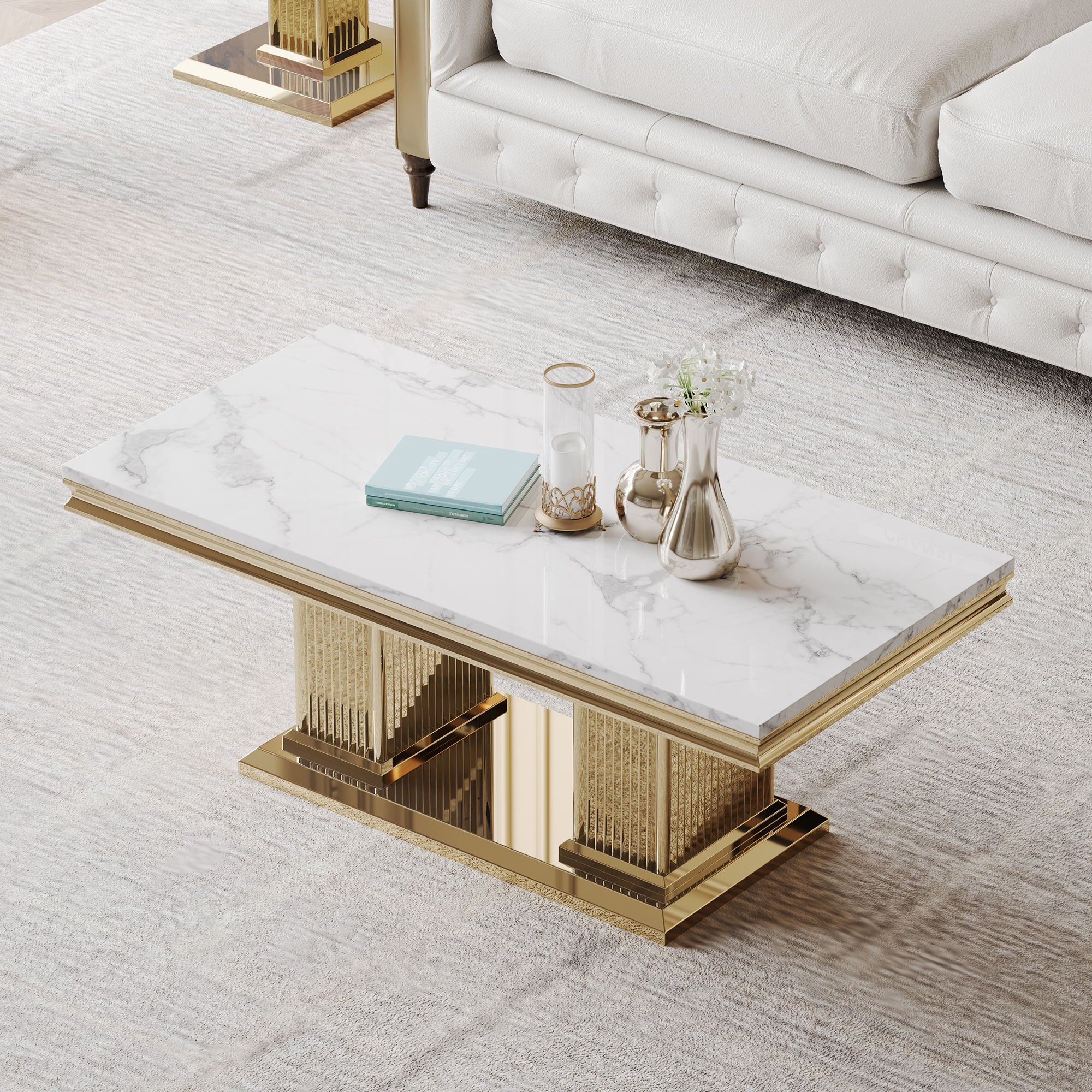 Printed Top Rectangular Console Table, Base With Mirrored Finish