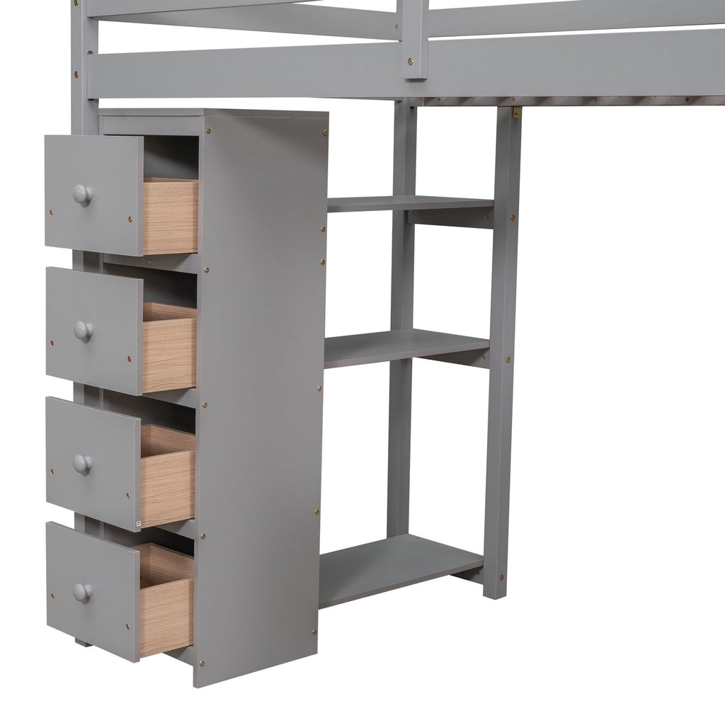 Loft Bed With Storage Drawers, Desk And Stairs With Shelves