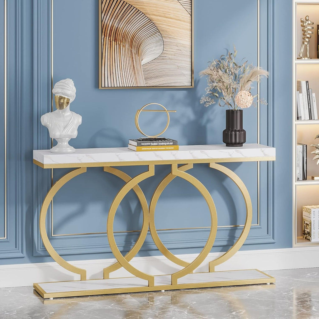 Console Table With Geometric Base For Entryway - Gold / White