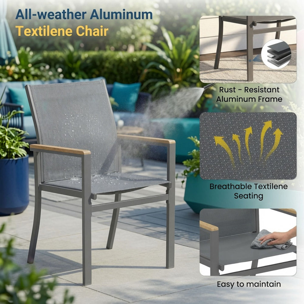 Gray Aluminum Patio Dining Set With Textilene Chairs, 5 Piece All Weather Outdoor Table And Chair Set For Patio, Porch, Garden