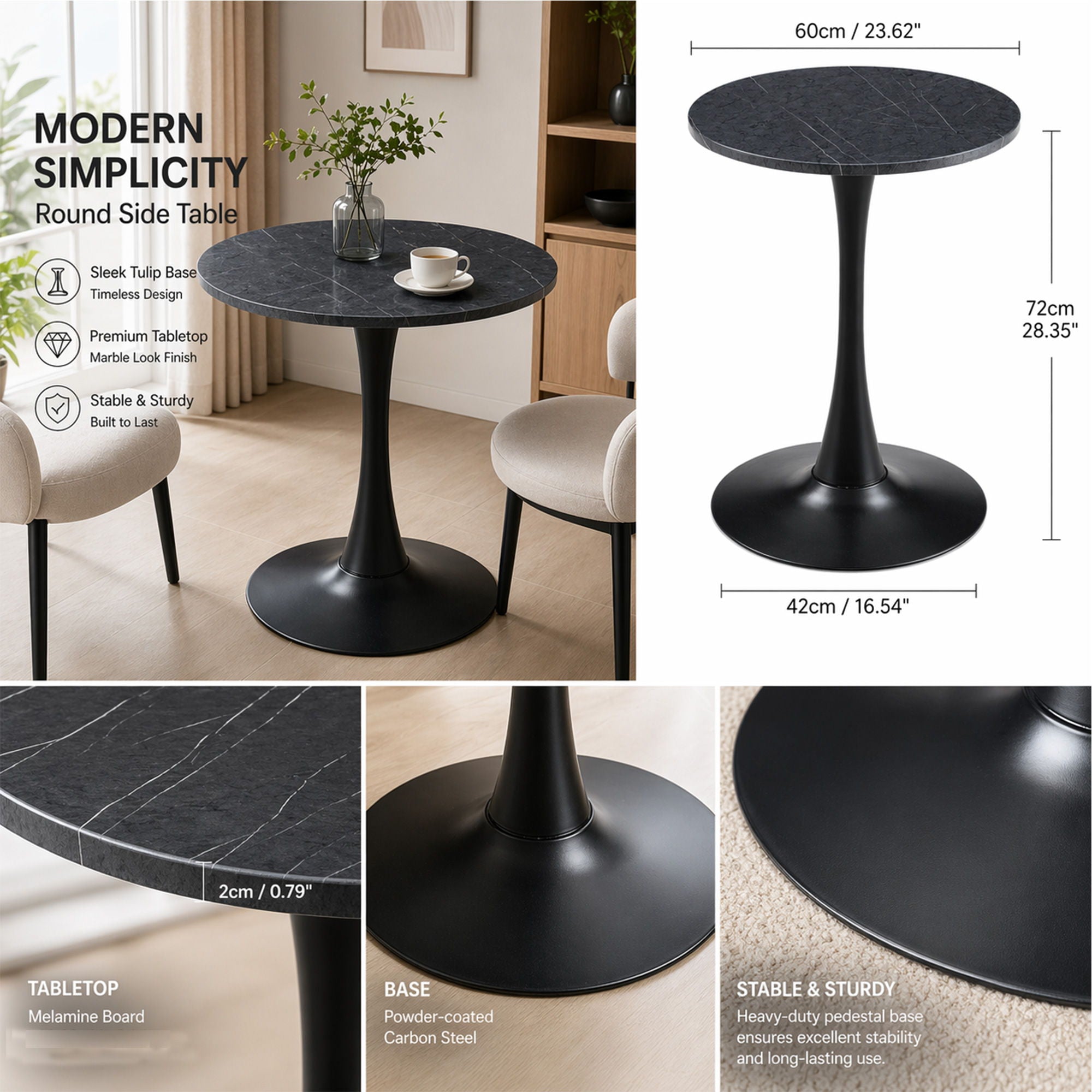 Round Dining Table With Faux Marble Top And Metal Pedestal +, 23.6" Diameter For Kitchen, Living Room, Small Spaces