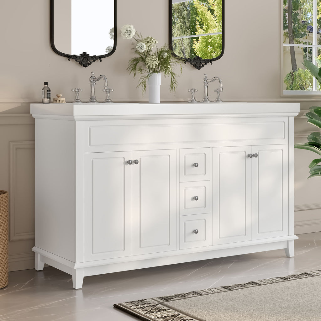 Bathroom Vanity With Double Sinks, 3 Drawers & 4 Doors - White