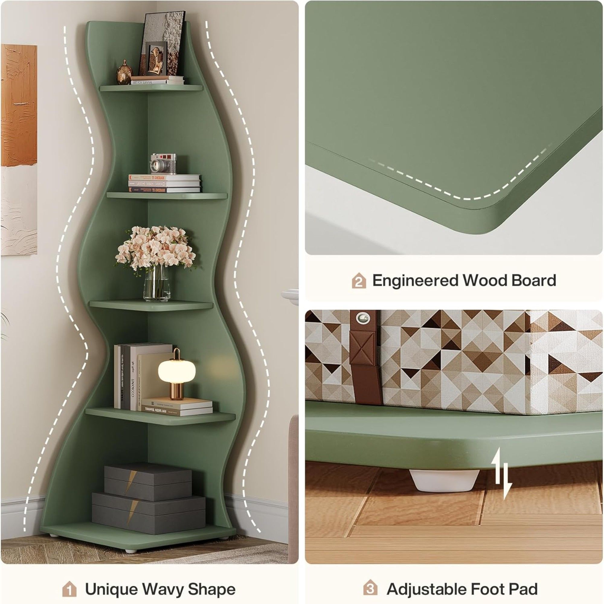 5 Tier Wavy Corner Bookshelf And Plant Stand For Living Room