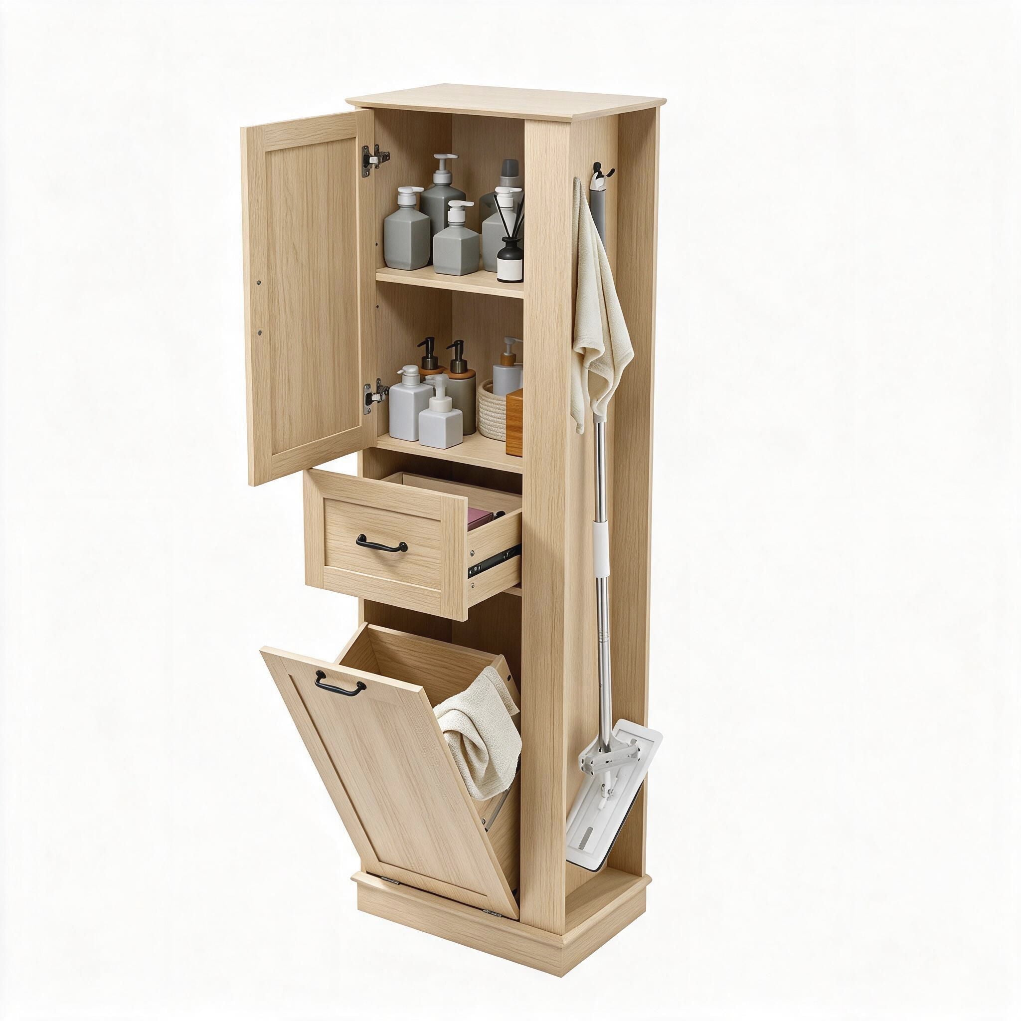 Modern Tall Storage Cabinet With Tilt-Out Compartment, Adjustable Shelves