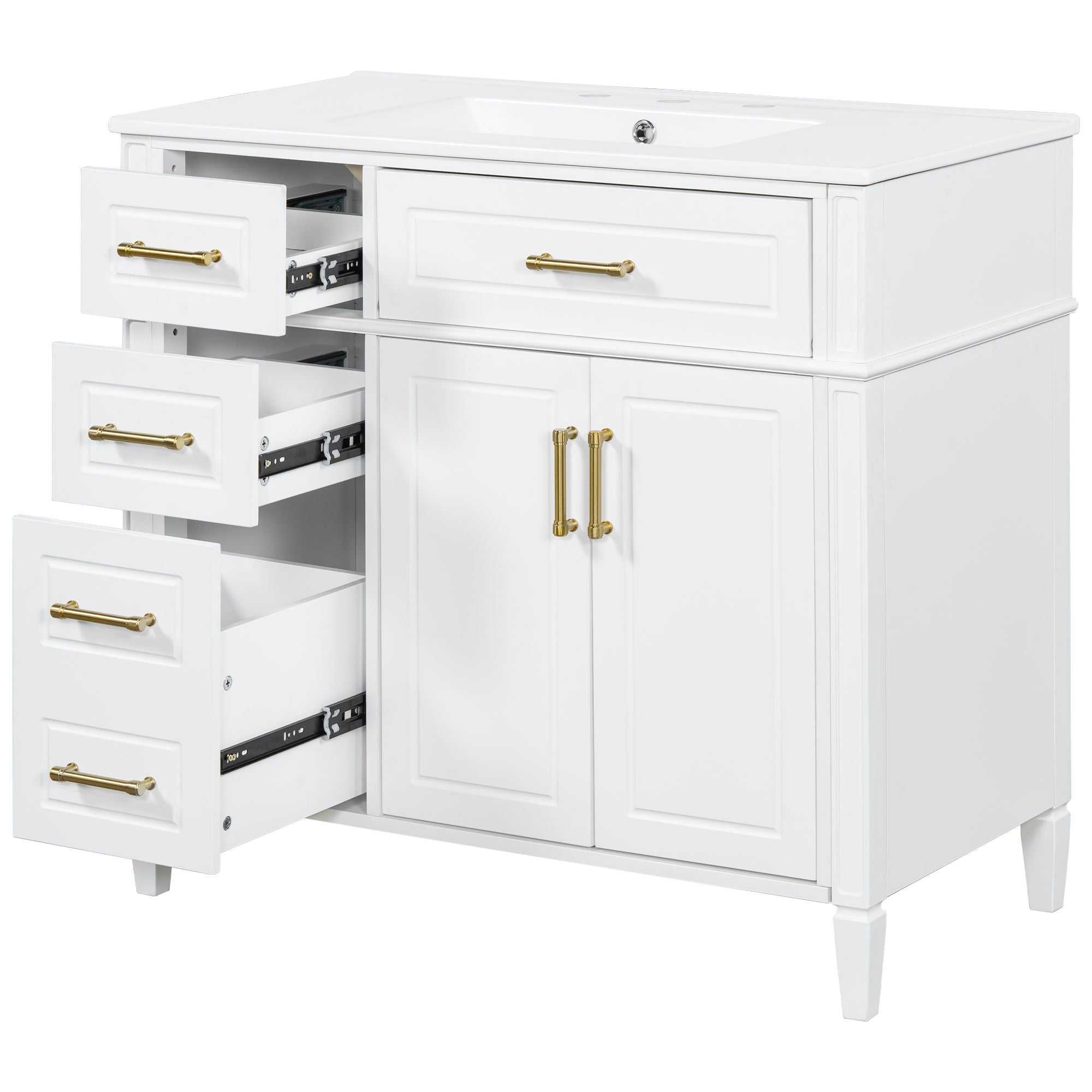 Bathroom Vanity With Sink, 4 Drawers (1 Flip Drawer), 2 Doors & Adjustable Shelf - White