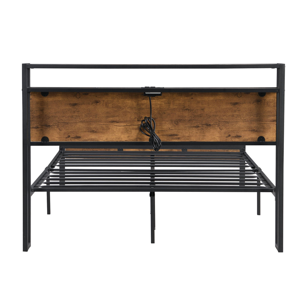 Metal Platform Bed Frame With Wooden Headboard And Footboard With USB Liner, No Box Spring Needed, Under Bed Storage