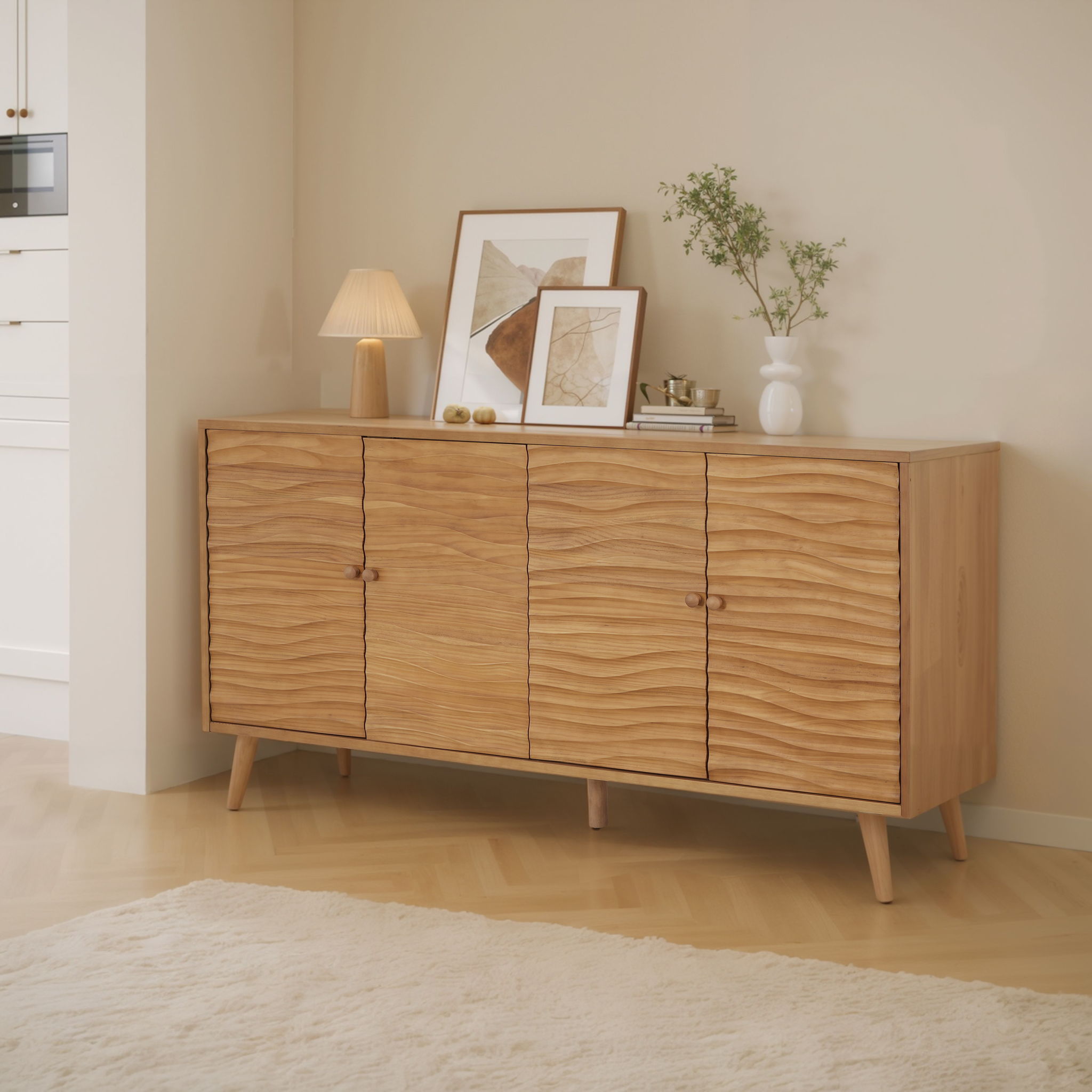 4 Door Sideboard, Wavy Pattern Doors, Adjustable Shelves - Natural