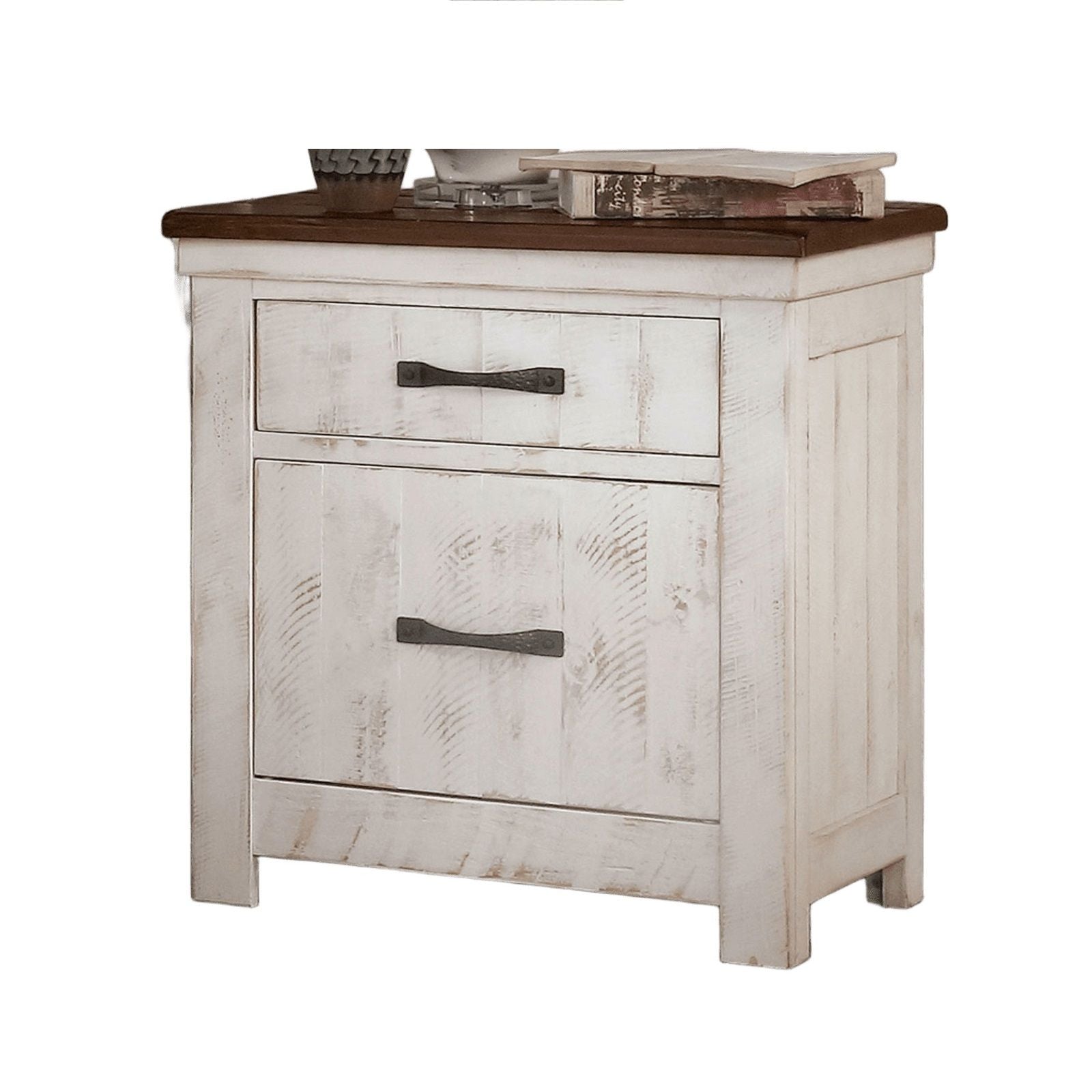 2 Drawer Nightstand With Brass Arch Pulls, Bedroom Furniture - Brown / Distressed White / Walnut
