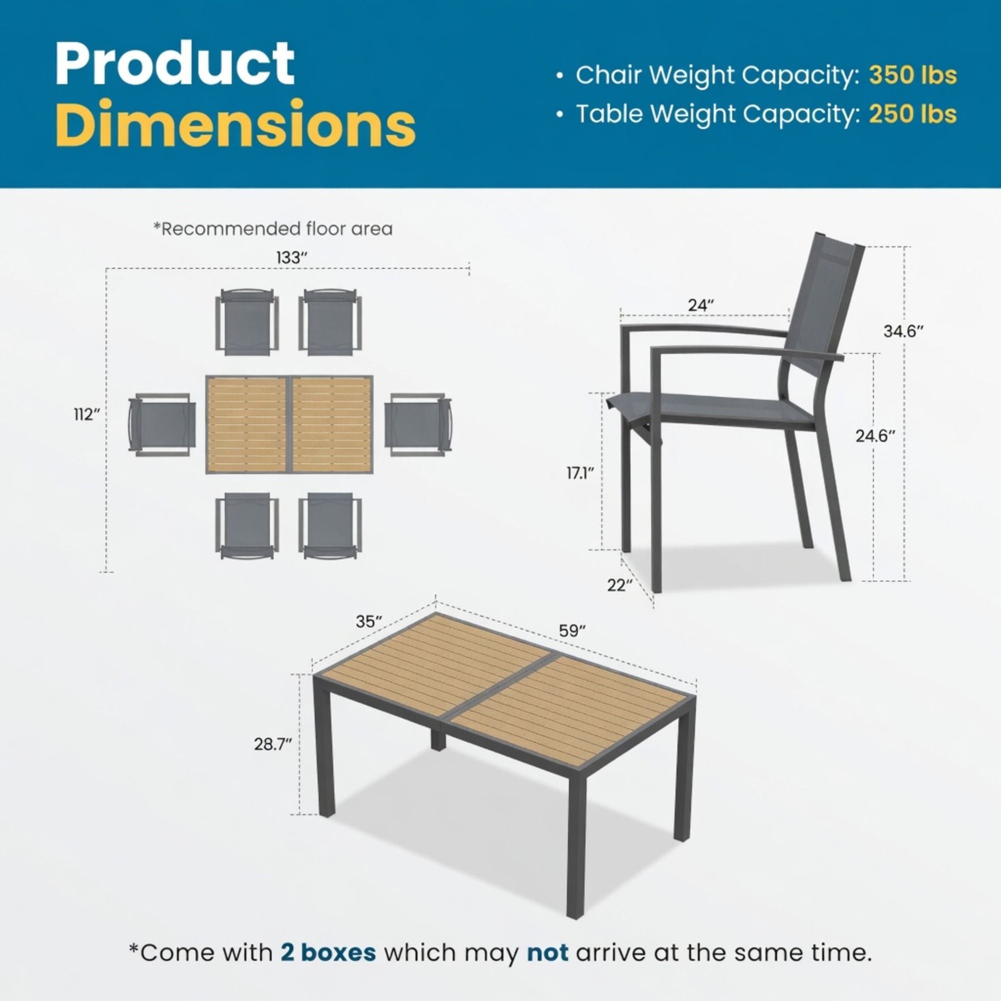 7 Piece Gray Patio Dining Set With Hdps Table And Textilene Chairs For Outdoor Use, Metal Furniture