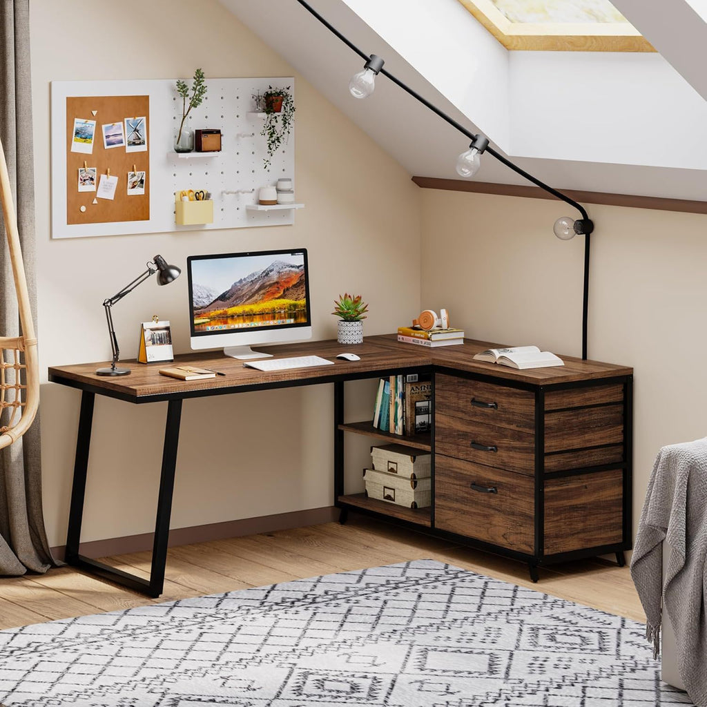 L-Shaped Computer Desk With 3 Drawers And Storage Shelves, Reversible Corner Workstation For Small Rooms - Brown / Black