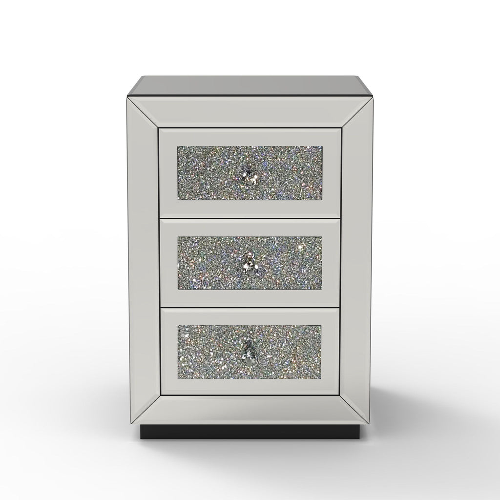 3 Drawer Nightstand With Glass Accents, Bedside Table For Bedroom - Silver