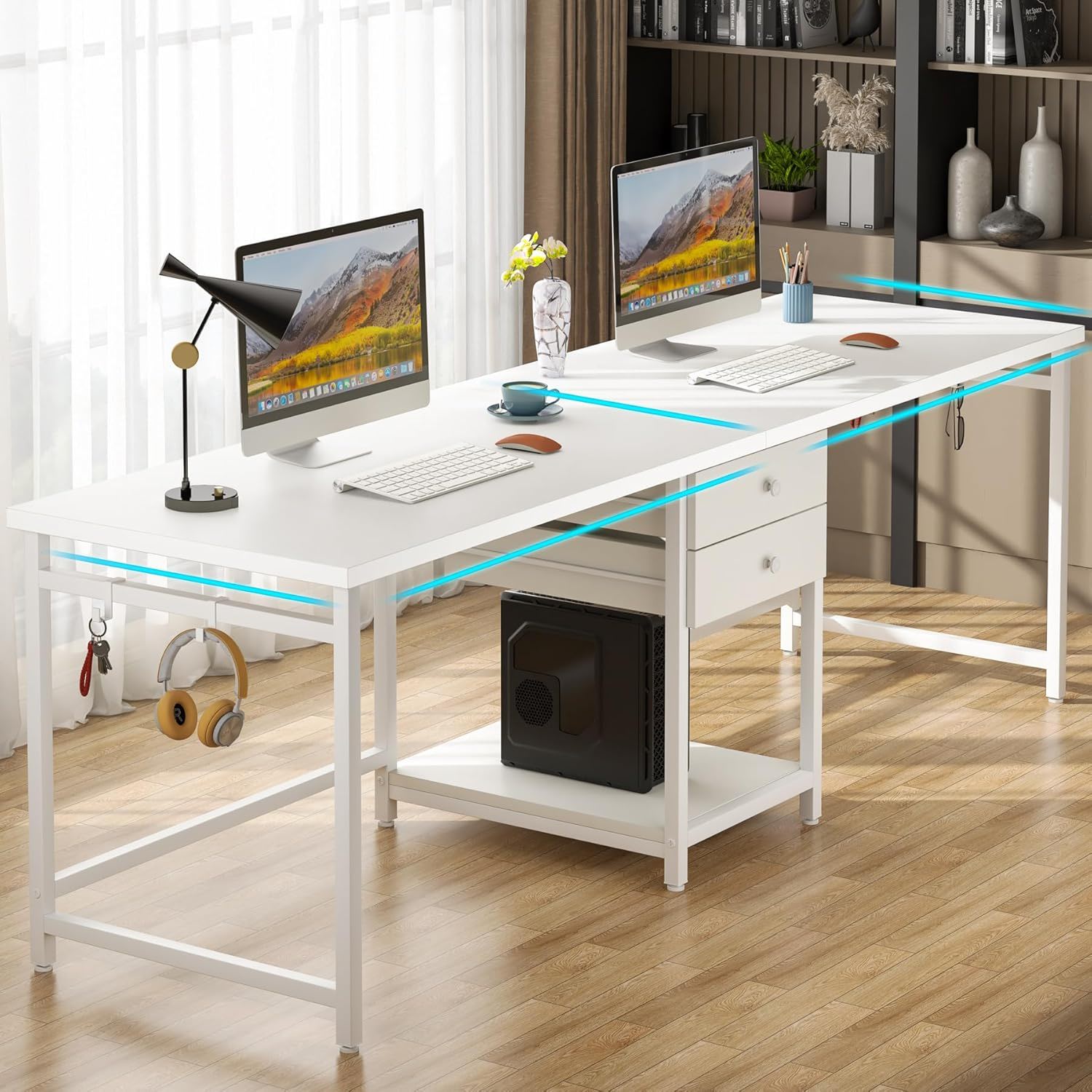 2 Person Computer Desk With Drawers And Shelves, Extra Long Double Workstation