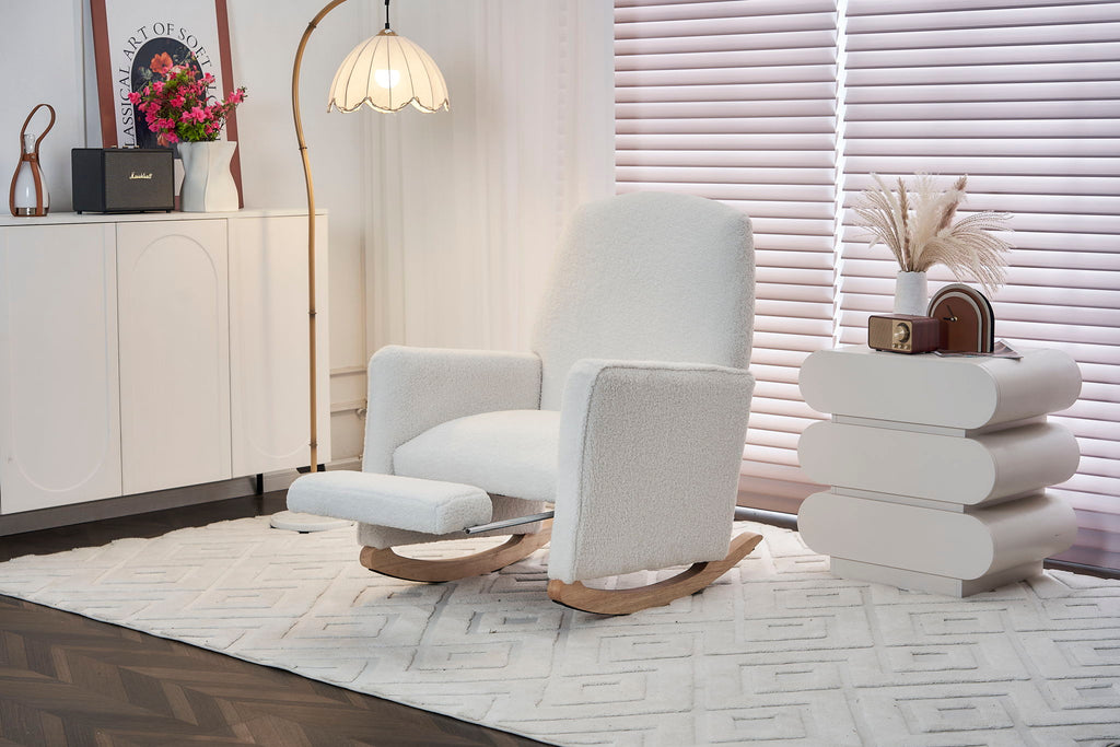 Teddy Fabric Nursery Rocking Chair With Adjustable Footrest - Ivory