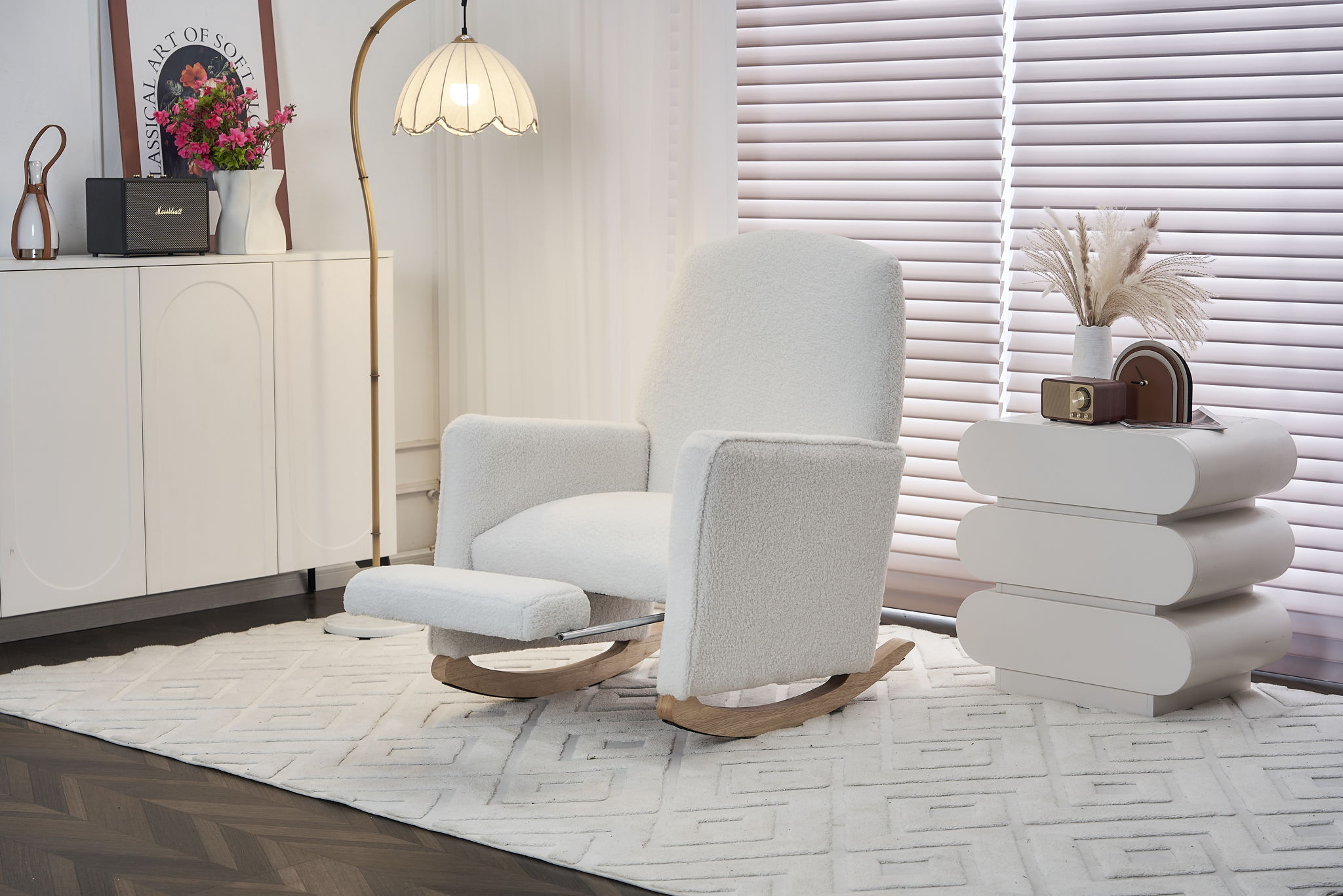 Teddy Fabric Nursery Rocking Chair With Adjustable Footrest - Ivory