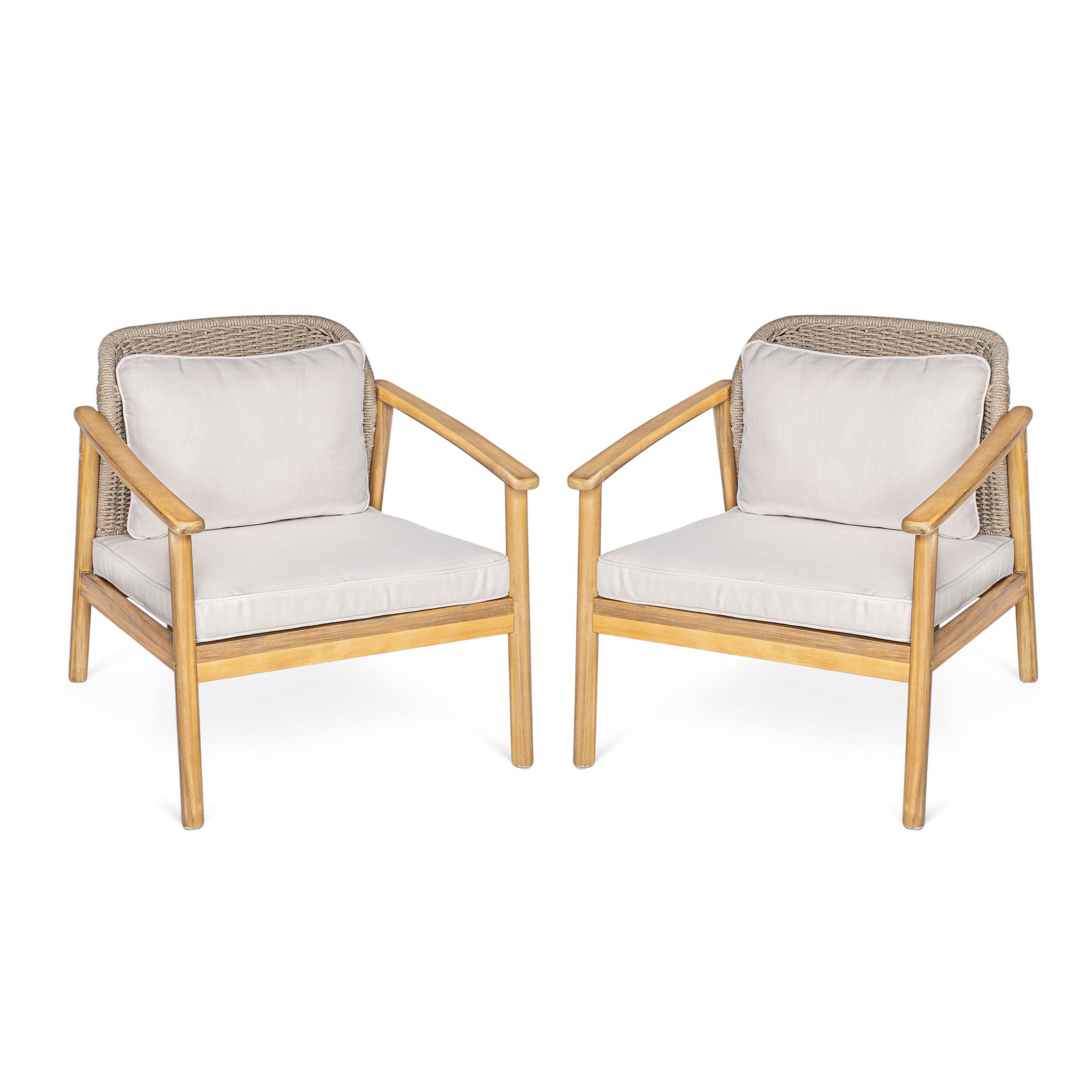 2 Piece Outdoor Acacia Wood Patio Club Chair, Patio Furniture Arm Chair With Woven Rope Backrest, Deep Seating For Porch - Light Teak / Beige
