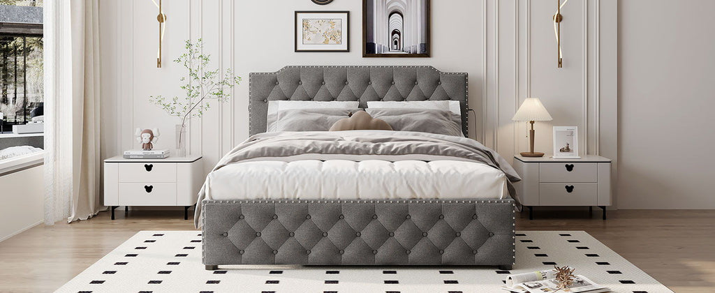 Upholstered Platform Bed With Trundle And 2 Sets Of USB Ports On Each Side, Fabric