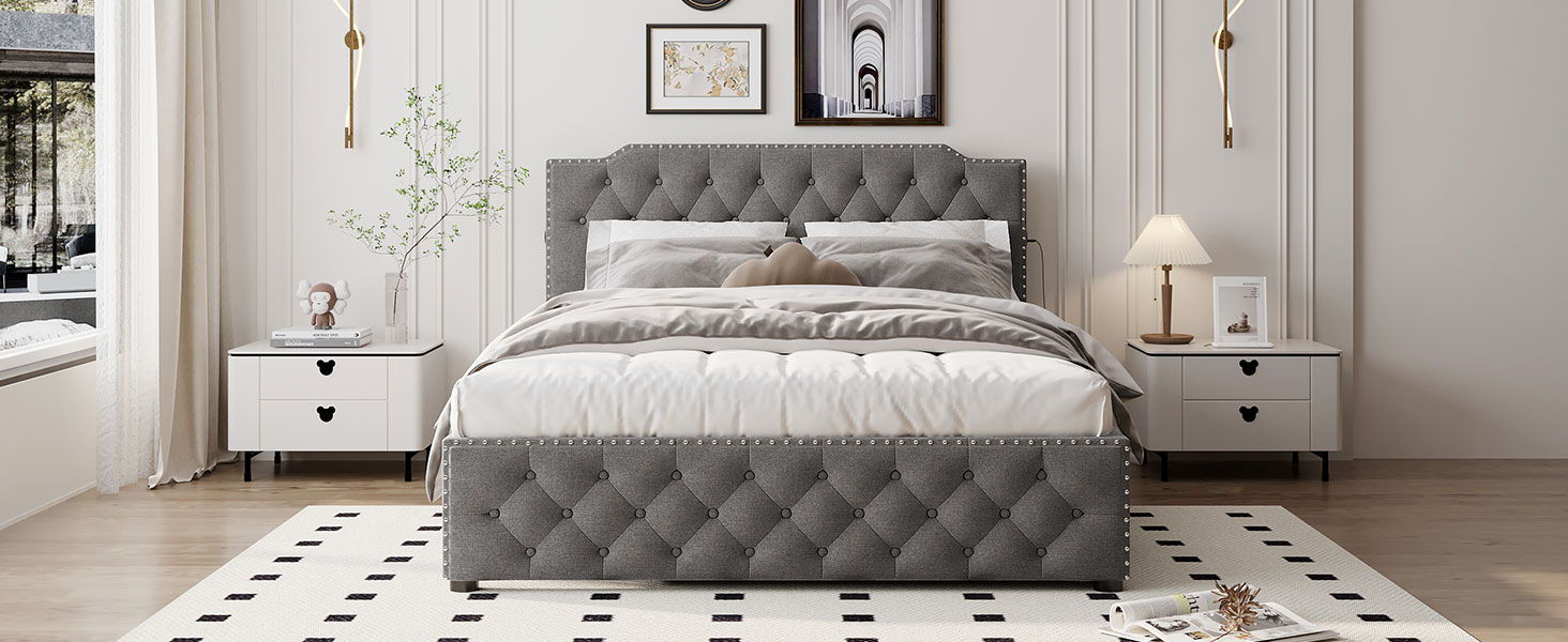 Upholstered Platform Bed With Trundle And 2 Sets Of USB Ports On Each Side, Fabric