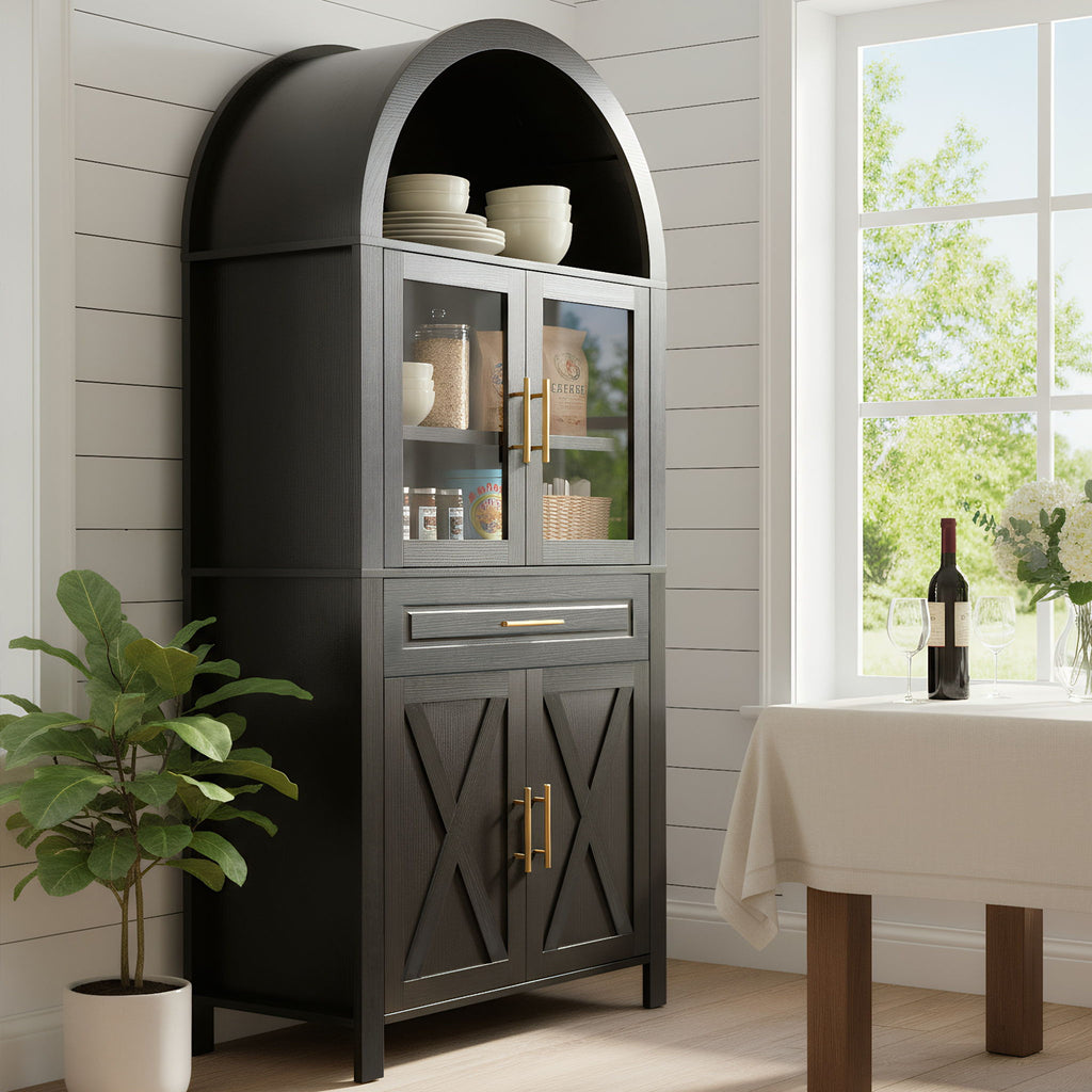 Arched Kitchen Pantry Cabinet With Adjustable Shelves And Barn Door Design